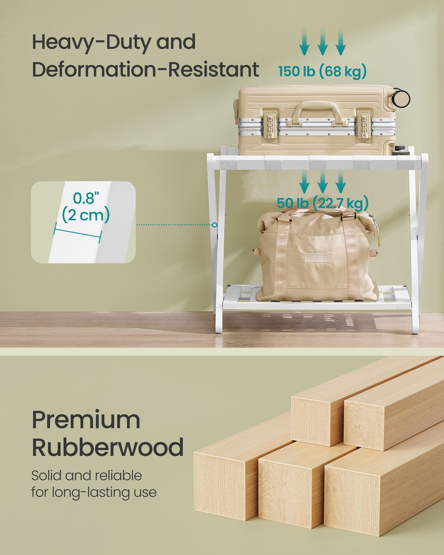 SONGMICS Solid Wood Luggage Rack, No Assembly Required, Foldable Suitcase Stand, Luggage Holder, with Storage Shelf, for Guest Room, Hotel, Bedroom, Cloud White URLR020W02