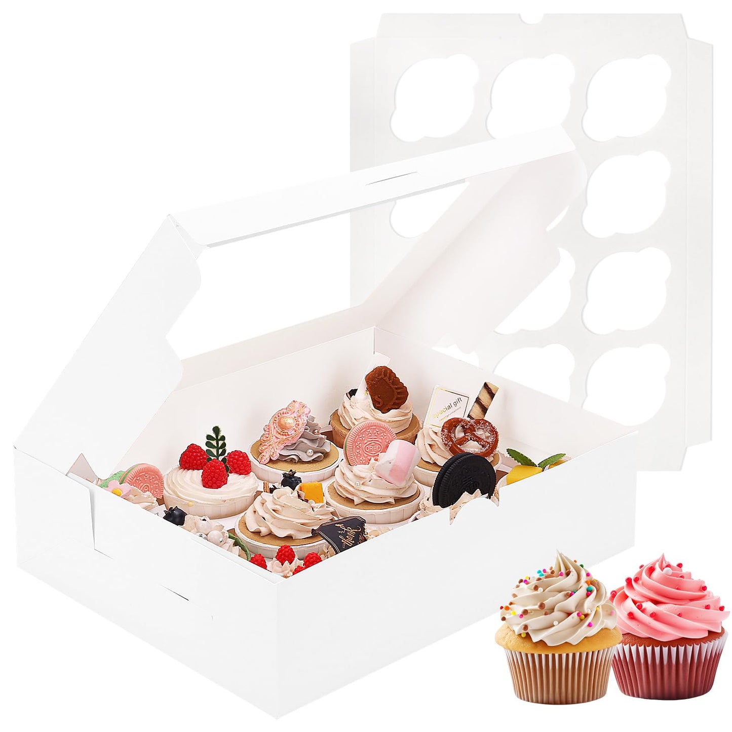 Moretoes 60PCS Cupcake Boxes with Window,Hold 12 Count Graduation Cupcake Containers for Grad Party Dessert Packaging (White)