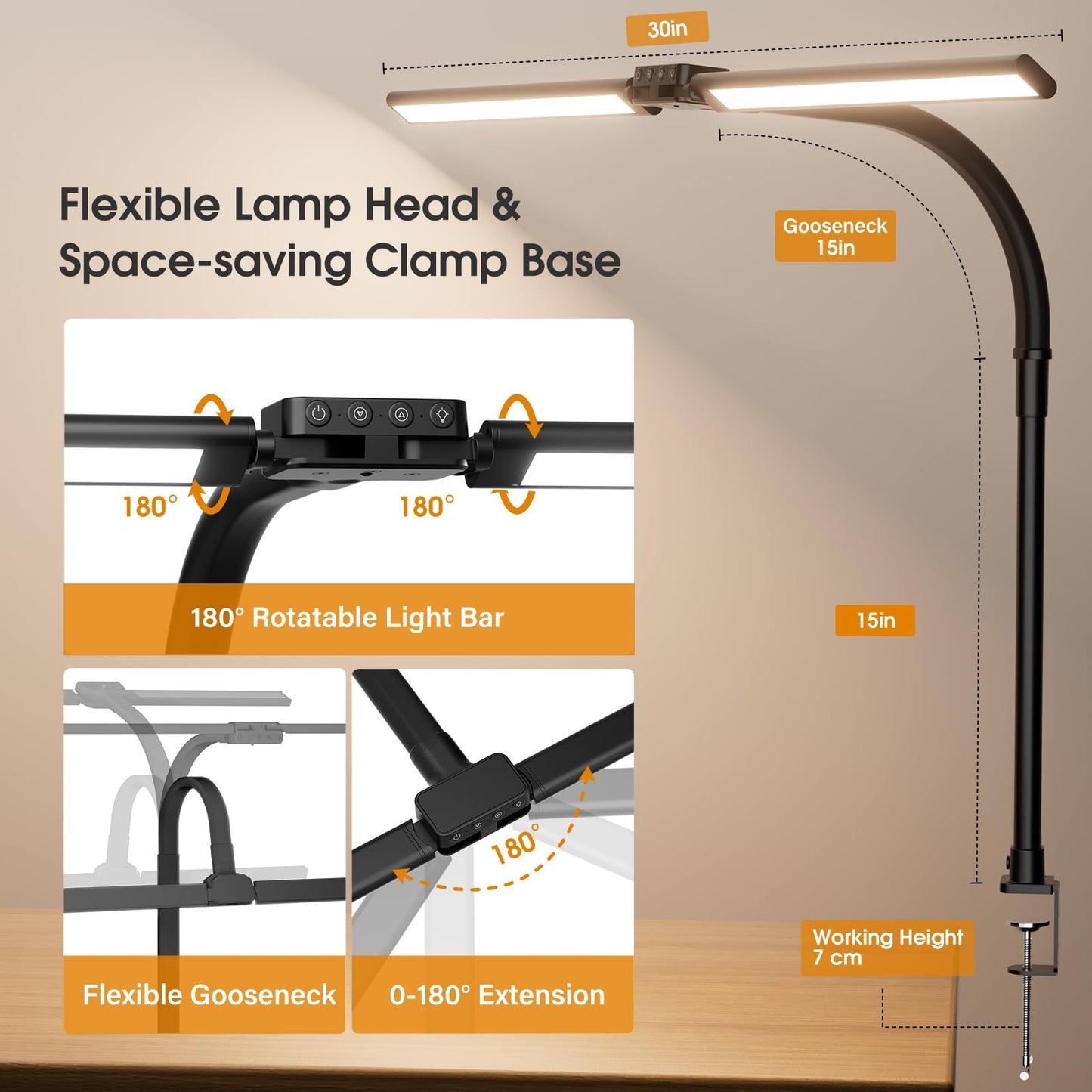 SIBRILLE LED Desk Lamp for Home Office - Dimmable Computer Desk Light with Clamp, Modern Architect Task Lamp with Color Changing, Flexible Desktop Lamp with Gooseneck for Monitor, Double Head, Black