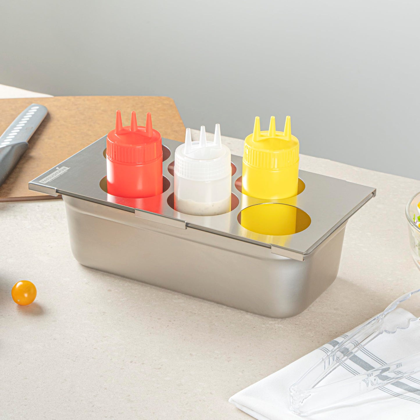 Restaurantware Six Hole Condiment Organizer - 12.795 x 7.087 Inch Stainless Steel Squeeze Bottle Holder With Compact Design For Kitchen Prep Stations - Silver Durable Sauce Rack