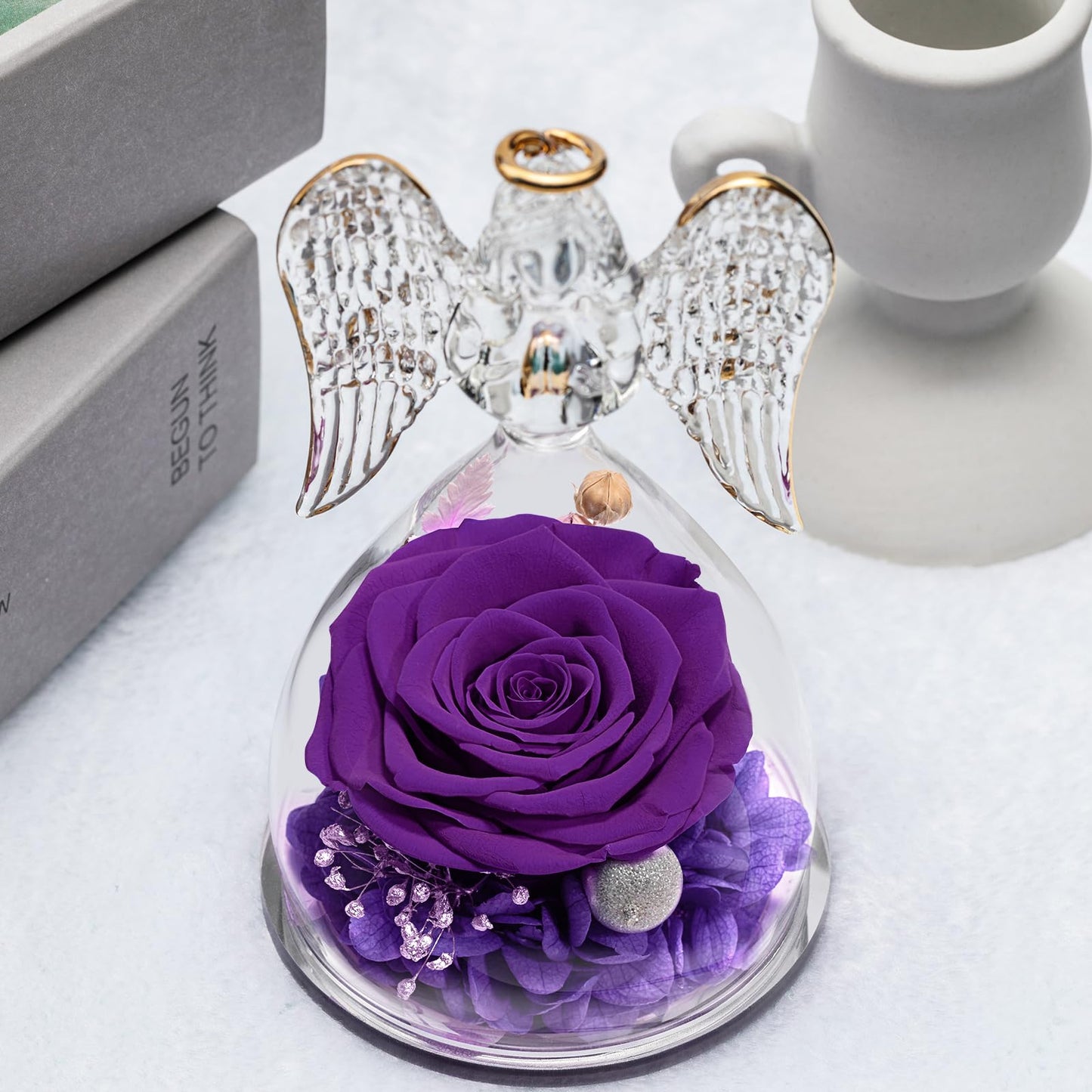 Yamonic Mom Birthday Gifts for Mom Grandma, Angel Figurines with Real Rose Gifts for Women Moms, Preserved Flowers Rose Glass Angel for Mothers Day Christmas Valentine's Day Gifts for Her(Purple)