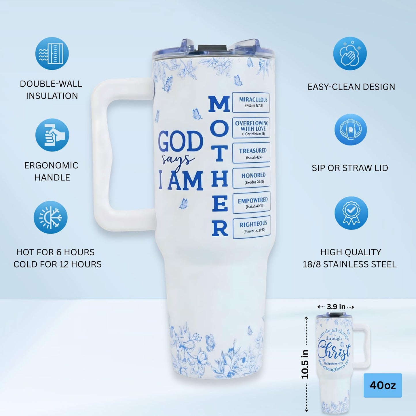 TAMUNBEE Christian Gifts For Mom, Mom Gift Tumbler With Handle 40oz, Christian Religious Moms Gifts, Birthday Gift for Moms, Stepmom, Mommy To Be from Daughter, Son or Family, Present for Women Faith