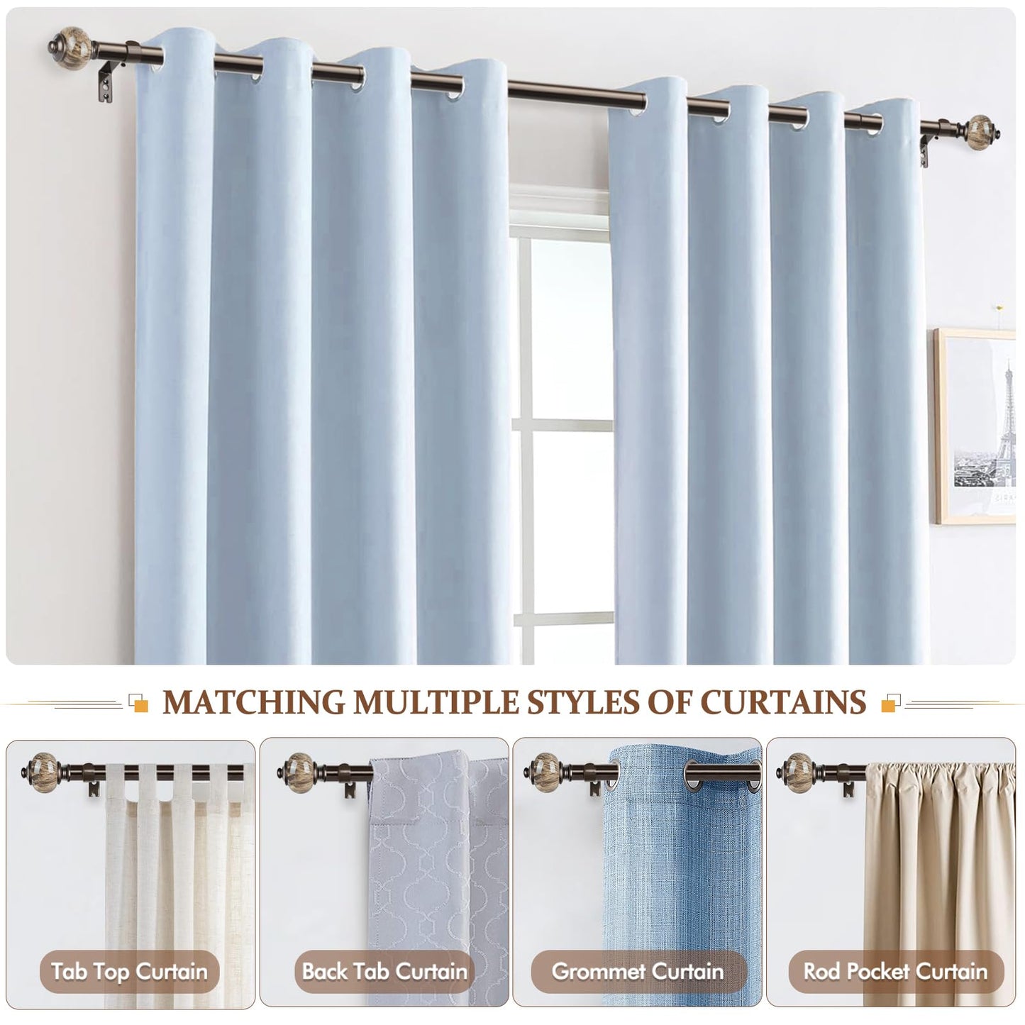 KAMANINA 1 Inch Curtain Rods for Windows 72 to 144 Inches (6-12ft) Bronze Heavy Duty Curtain Rod, Adjustable Long Drapery Rods with Marbled Finials