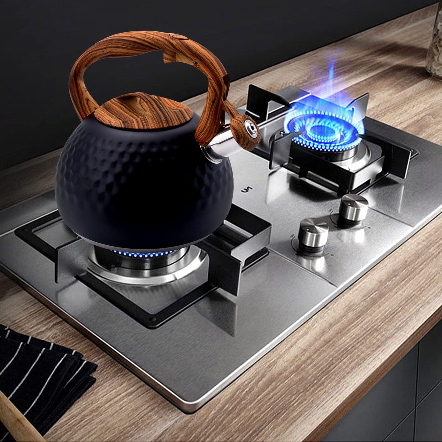 GGC Tea Kettle for Stove Top, Loud Whistling Kettle for Boiling Water Coffee or Milk, 3.1 Quart 3L Heavy Stainless Steel Black Kettle with Wood Pattern Handle, Unique Button Control Kettle Outlet