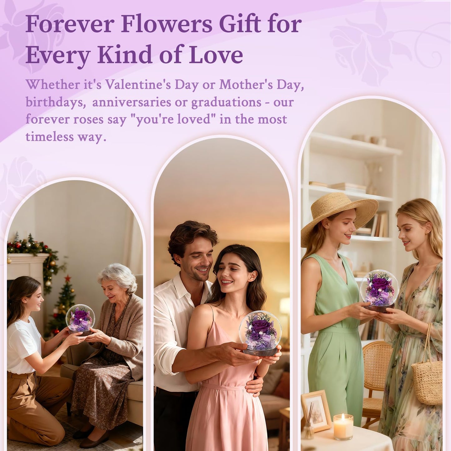 ChosiaRose Preserved Flowers for Delivery - Preserved Roses Forever Flowers Gifts for Mom Grandma,Forever Purple Roses Gift in Acrylic Dome for Her Birthday Flower Gift for Women Wife Mother Valentine