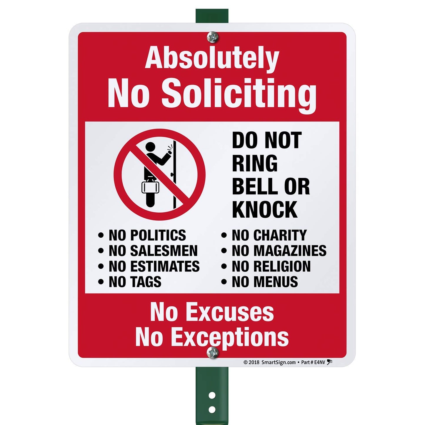SmartSign 12" x 10" 'Absolutely No Soliciting No Excuses, No Exceptions, Do Not Ring/Knock' Yard Sign with 3 ft Stake, 40 mil Laminated Aluminum, Red, Black and White, Set of 1