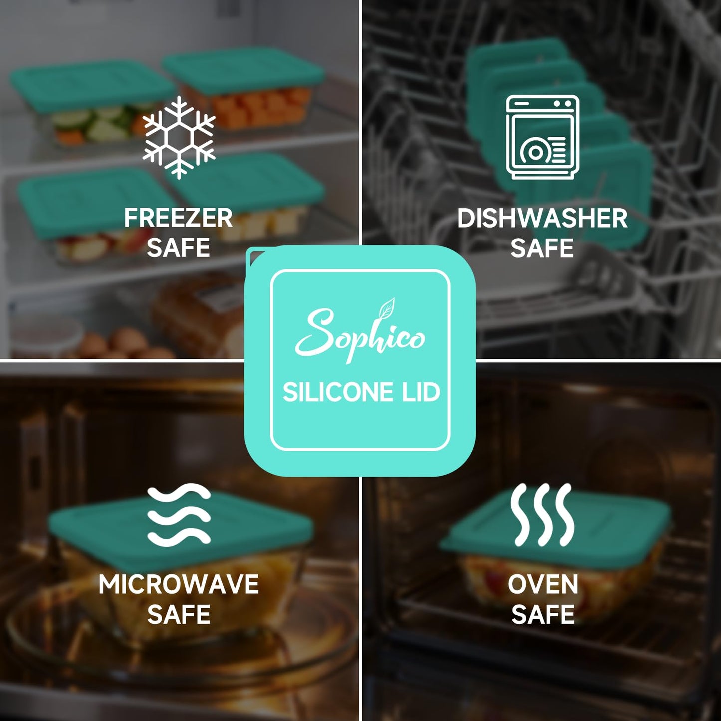 Sophico Silicone Cover Lid Replacement Only for Pyrex Freshlock and SNAPWARE 4CUP Square Glass Bowls Container Set(8704), Leakproof Lids, Dishwasher Microwave Safe 5 Pack (Container not Included)