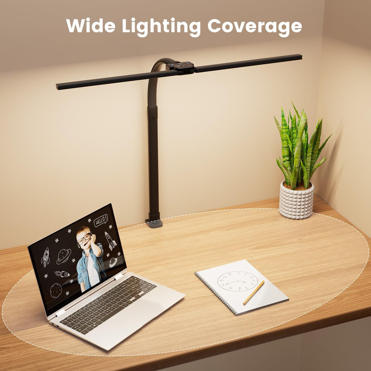 APMIEK LED Desk Lamp for Home Office, 24W Computer Desk Light with Remote Control, Bright Table Lamp with Clamp Dimmable Tall Desktop Lighting with Bendable Gooseneck, Double Head, Black