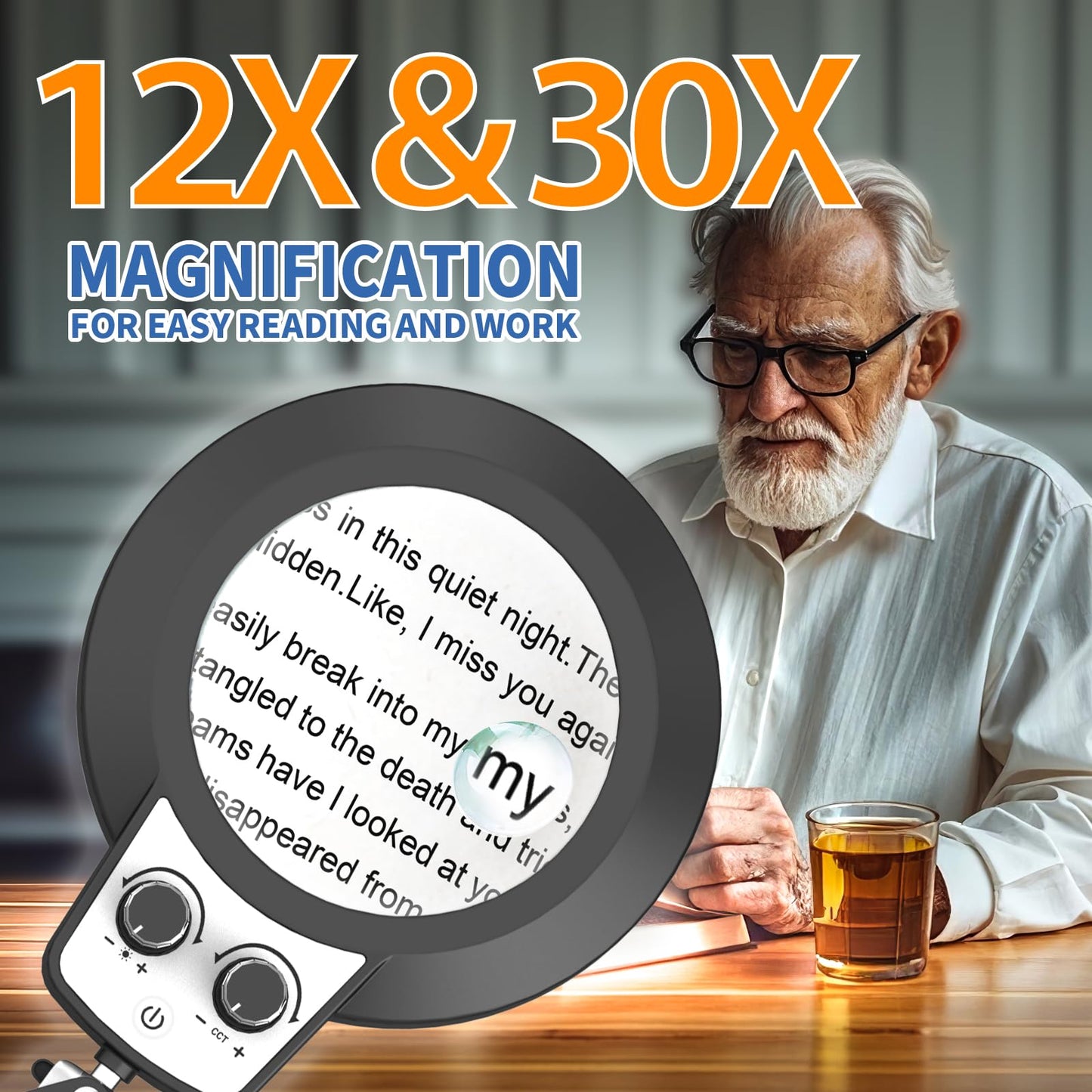 HITTI 12X & 30X Magnifying Glass with Light, Infinite Color and Brightness Desk Lamp & Clamp, 2-in-1 LED Lighted Magnifier Stand for Craft Reading Hobby Soldering Puzzle (12X & 30X Ring Base & Clamp)
