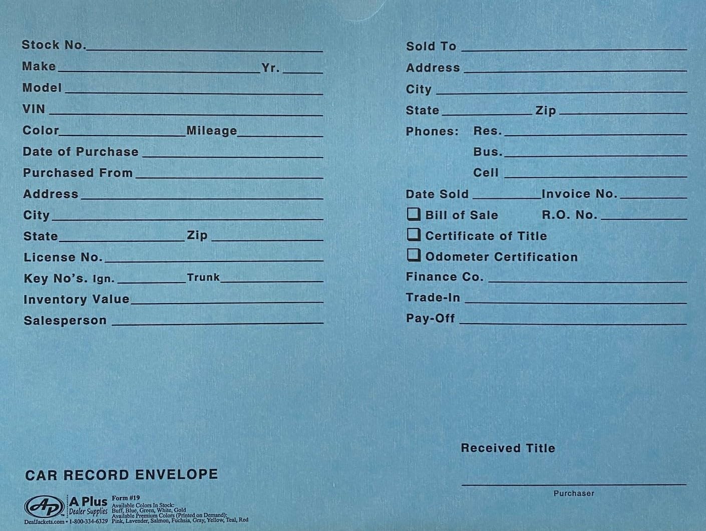 A Plus Car Record Envelope #19 Vehicle Dealer Jackets, 100 Quantity, Blue (P15)