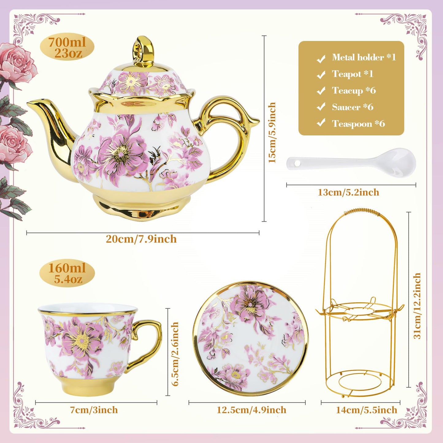 20 Pcs Porcelain Tea Set with Metal Holder, 700ml/23oz European Ceramic Tea Set for Adults, Adult Tea Set Gift, Flower Tea Cup Saucer Set for Party With Gold Flower Painting (Elegant Purple/700ml)
