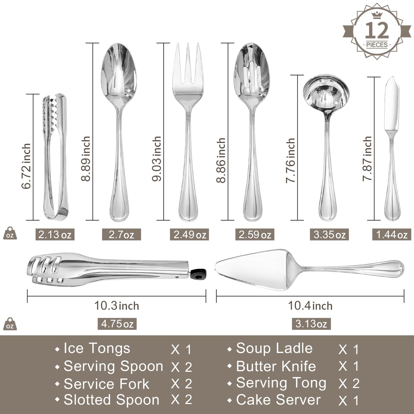 KINGSTONE 12 Piece Teardrop Serving Utensils Set, 18/10 Stainless Steel Serving Utensils, Slotted Spoons, Forks, Tongs, Cake Server, Butter Knife for Buffet, Catering, Wedding, Party