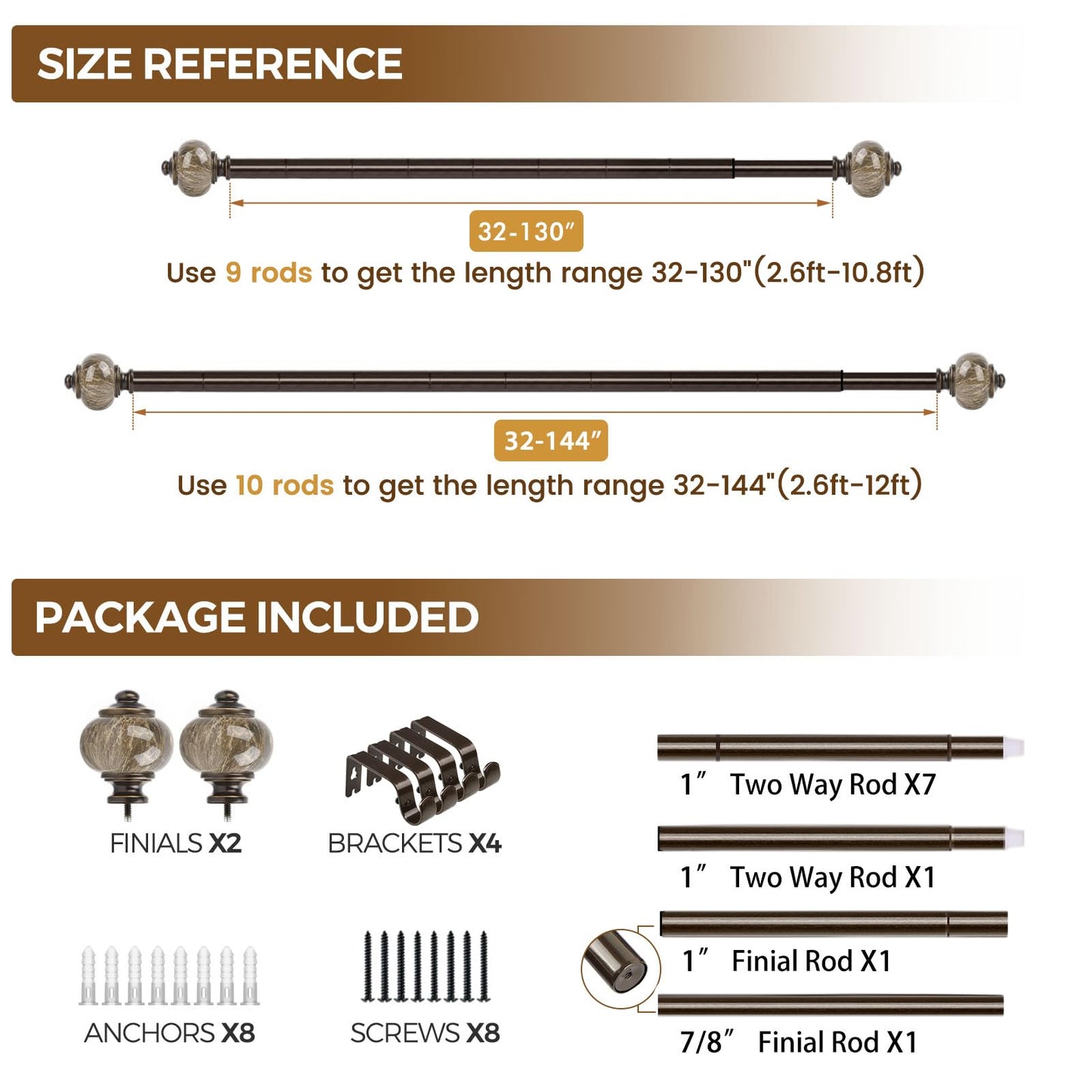 KAMANINA 1 Inch Curtain Rods for Windows 72 to 144 Inches (6-12ft) Bronze Heavy Duty Curtain Rod, Adjustable Long Drapery Rods with Marbled Finials