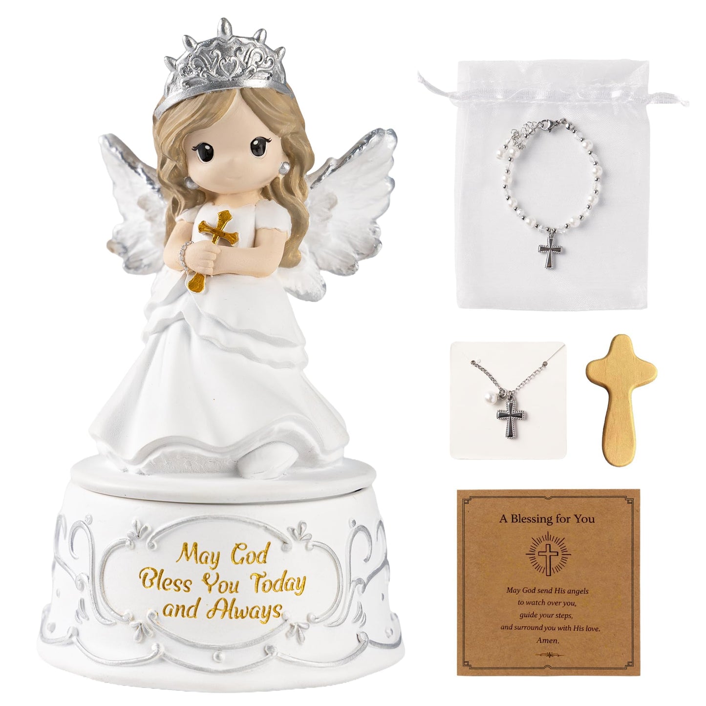 Gleemoria First Communion Gifts for Girls – Baptism & Confirmation Gifts for Teen Girls, Angel Figurine with Keepsake Box, Cross Necklace for Girls & Adjustable Bracelet & Wood Cross