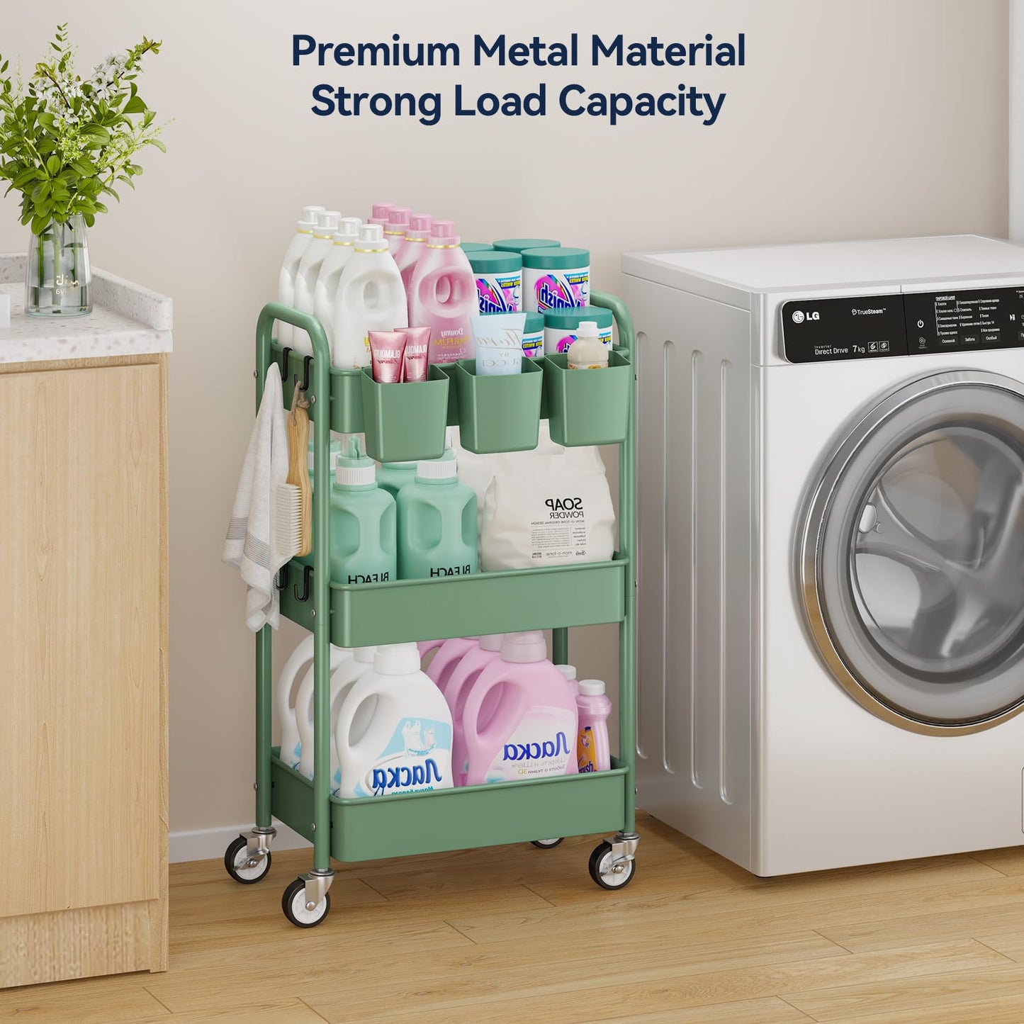 YASONIC 3-Tier Rolling Cart, Green, 66 Pounds Capacity, Mesh Storage Organizer with Lockable Wheels, 3 Hanging Cups, 4 Hooks, Easy Assembly, for Kitchen, Bathroom, Laundry, Grocery