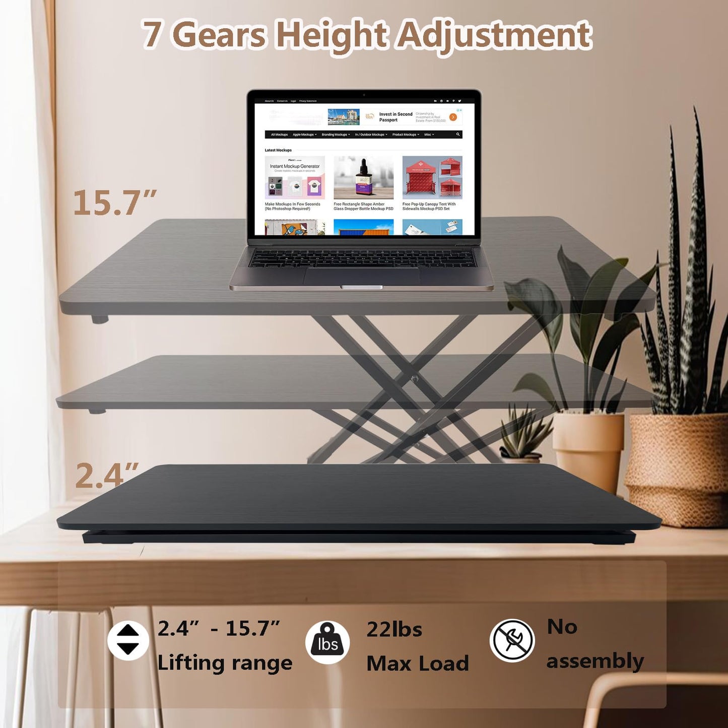 Rlozftel Standing Desk Converter, Height Adjustable Stand Up Desk Riser with 7 Height Levels, Compact Sit Stand Desktop Converter for Laptop or Single Monitor, Office Workstation