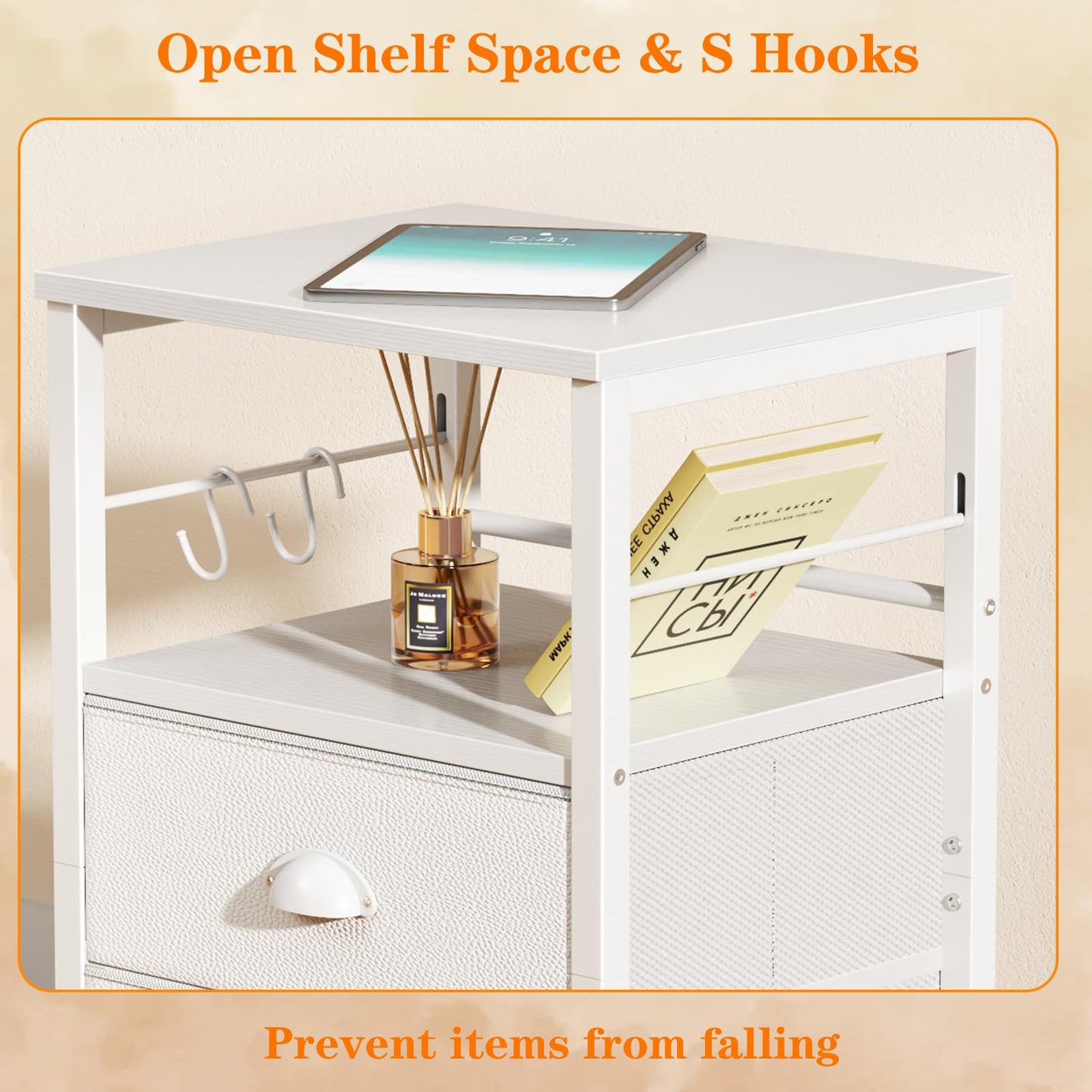 Furologee Nightstands Set of 2, End Table with 2 Fabric Drawers, Night Stand with 2 Hooks, Open Wood Shelf Bedside Table for Bedroom/Living Room/White