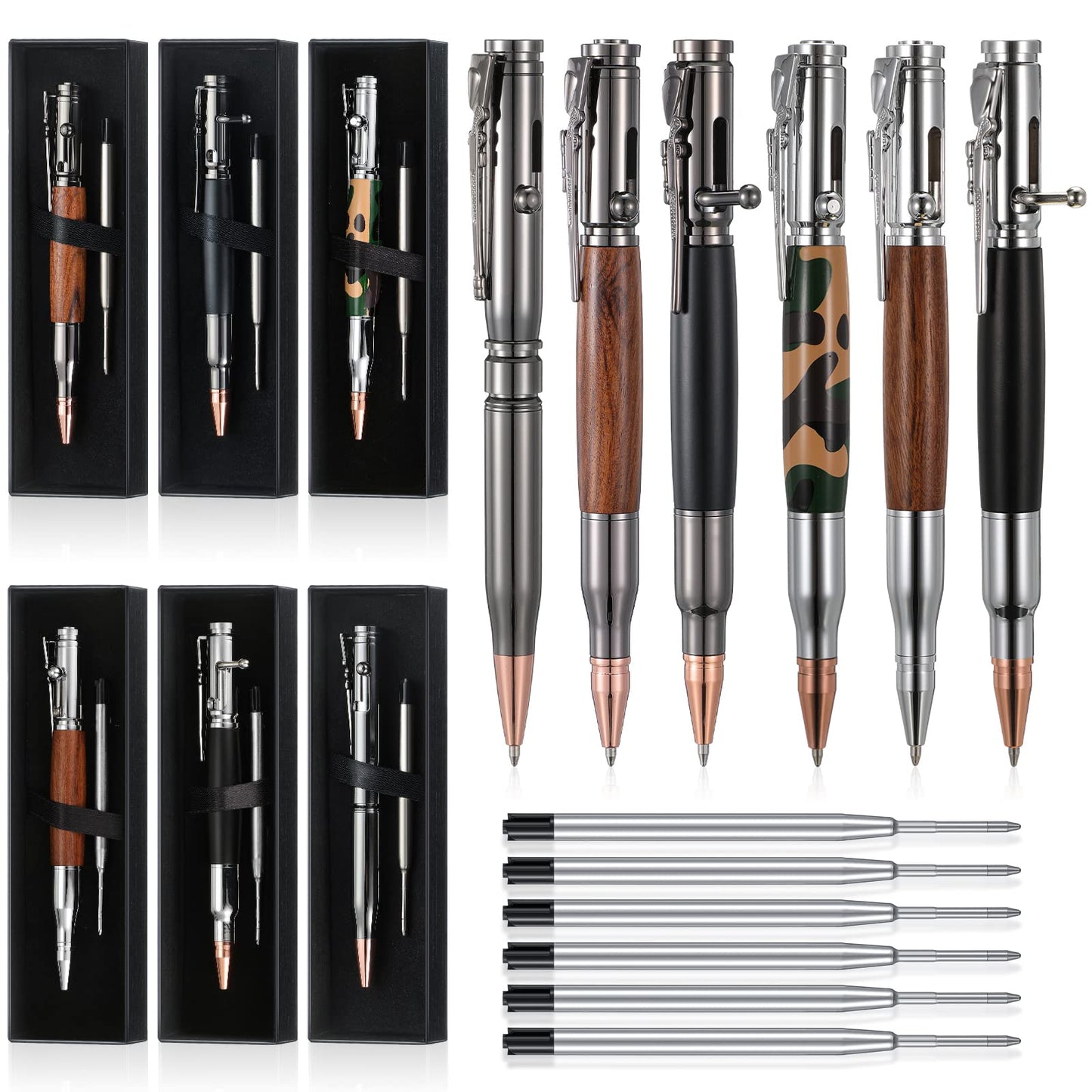 Crtiin 6 Sets/18 Pcs Bullet Pens Fathers Day Men Gifts Bulk Bolt Action Ballpoint for Gun Lover with Pen Gift Box and Black Ink Refills Office Decor Gift from Daughter Son for Dad Grandpa Husband