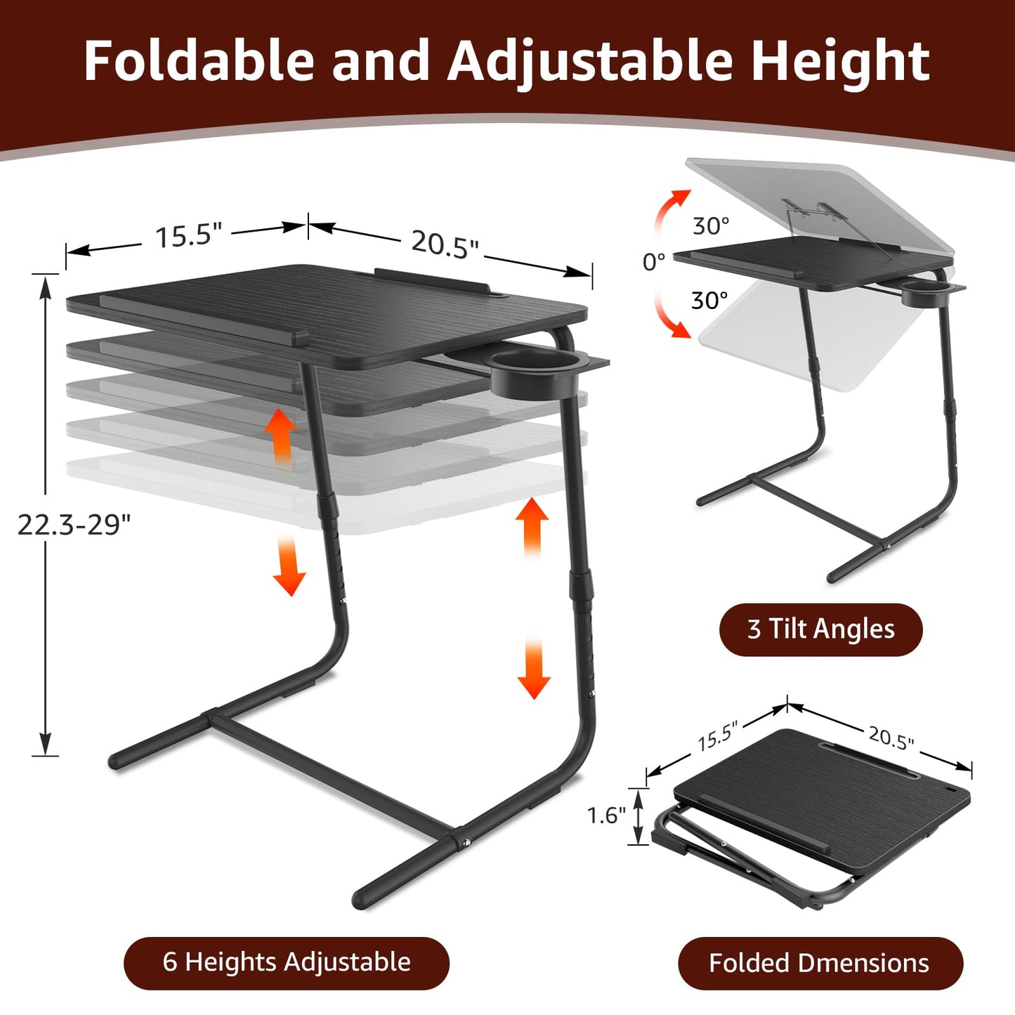 Adjustable TV Tray Black Dinner - Folding Trays for Eating On Couch Wooden Tables Mate Stand Foldable Desk with Cup Holder Portable