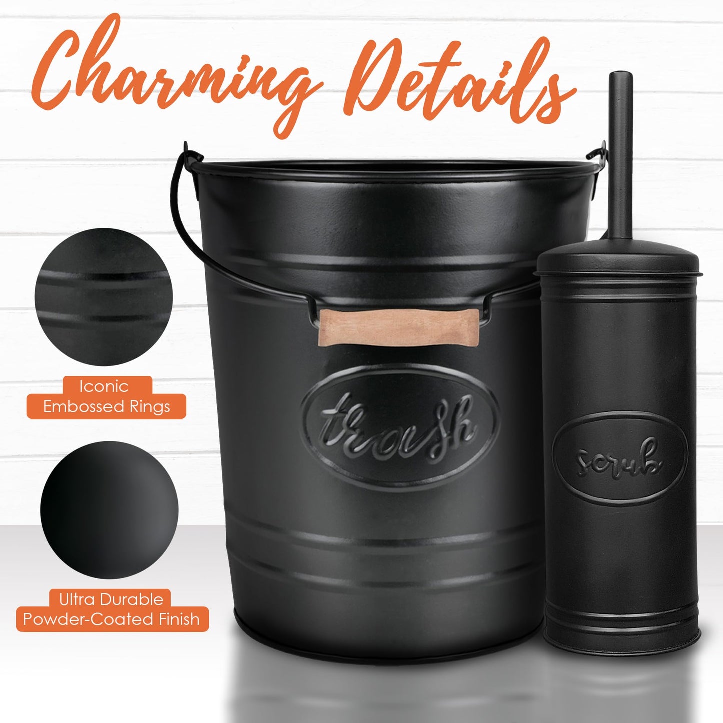 Autumn Alley Farmhouse Bathroom Trash Can and Toilet Brush Set - Rustic Bathroom Accessories for Charming Bathroom Décor, Matte Black Heavy Gauge Metal