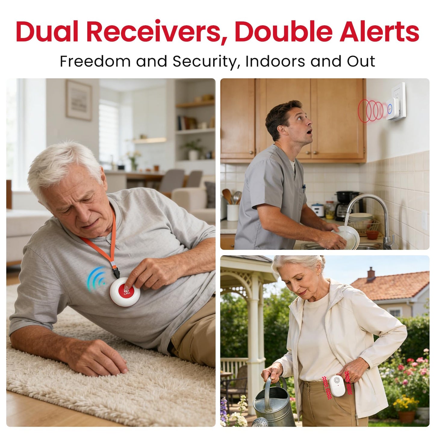 CallToU Caregiver Pager Call Button for Elderly at Home, 500ft Wireless Call Bell with 1 Portable Vibrating & 1 Plug-in Receiver, Waterproof Alert Button for Seniors, Patients, 2 Panic Buttons