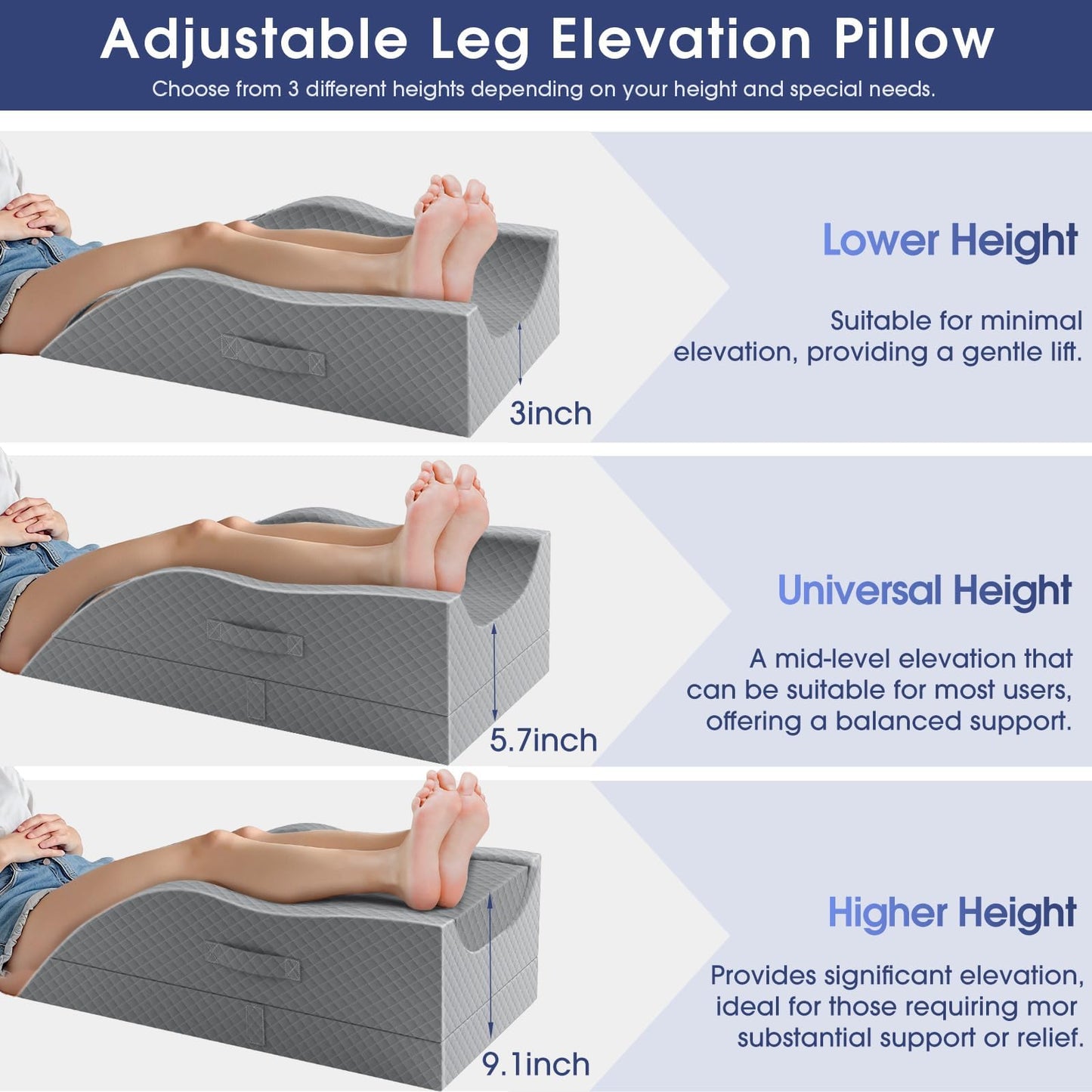 CushZone Leg Pillow, Leg Elevation Pillow with Pad and Memory Foam, Height Adjustable Bolster Pillow for Legs, Leg Pillow Elevation Blood Circulation, for Post-Surgery, Grey