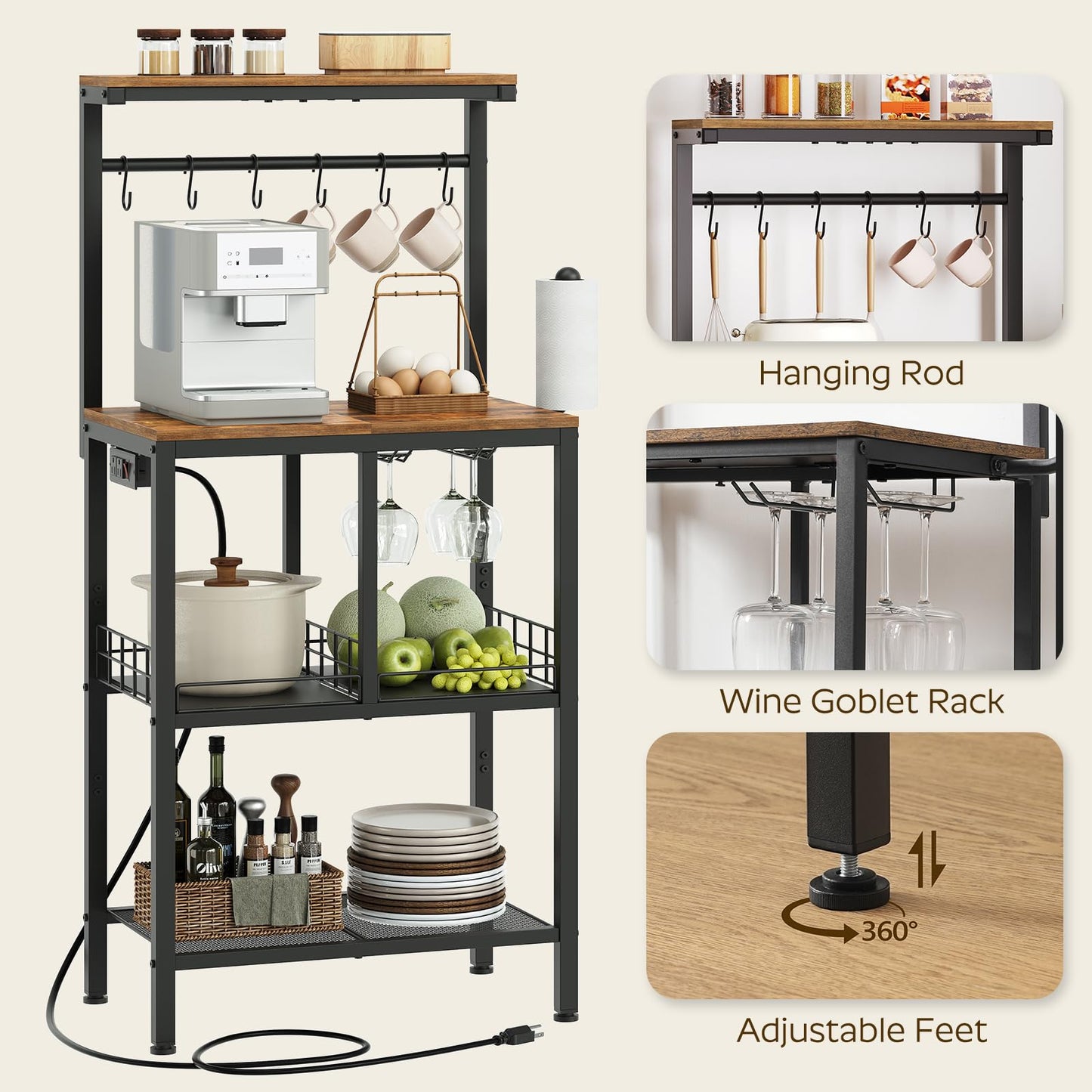 YATINEY Bakers Rack with Power Outlet, Microwave Stand with Paper Holder, Coffee Bar Station with Wine Glass Holder, 4-Tier Kitchen Storage Rack for Dining Room, Living Room, Rustic Brown HB02UBR
