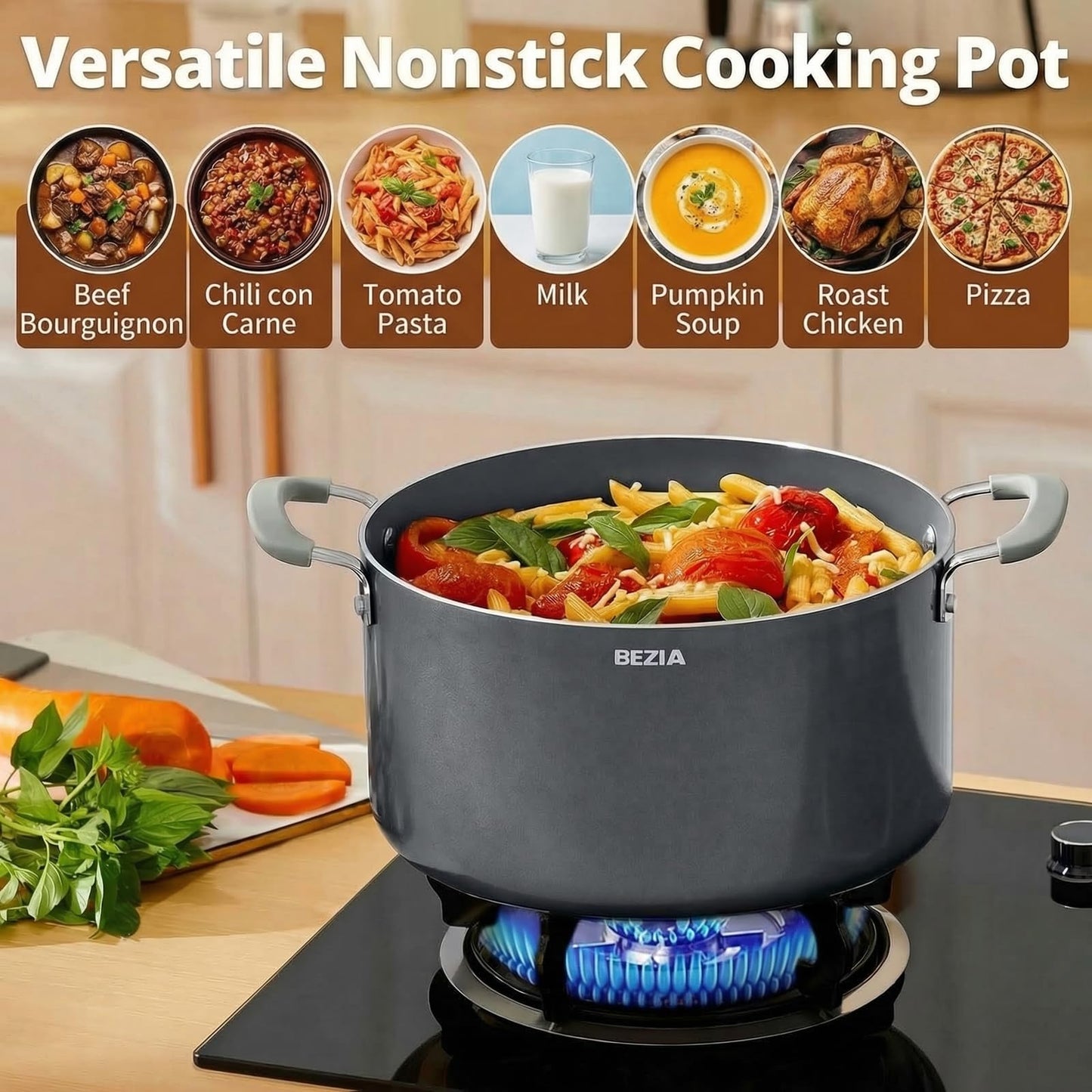 10 Quart Nonstick Stock Pot with Lid - BEZIA Ceramic Large Soup Pot, Big Pot with Silicone Handles, Easy Cleanup, Compatible with All Cooktops, Perfect for Roasts, Large Batches & Holiday Cooking