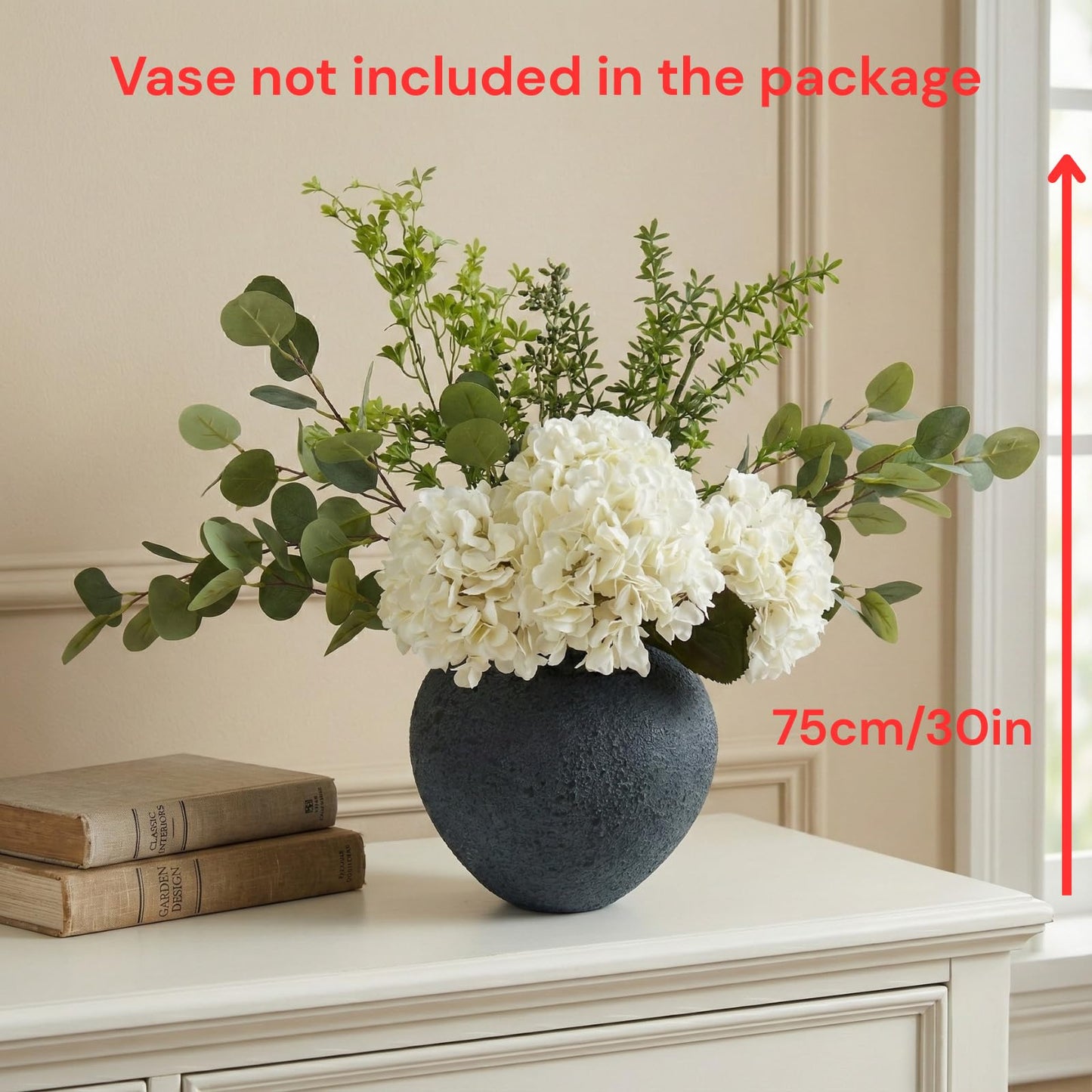 Faux Arrangement - Eucalyptus & White Hydrangea Flowers, Large Artificial Floral Greenery Centerpieces for Tables, Modern Farmhouse Decor for Dining Room, Kitchen & Coffee Table, 30 inches Tall