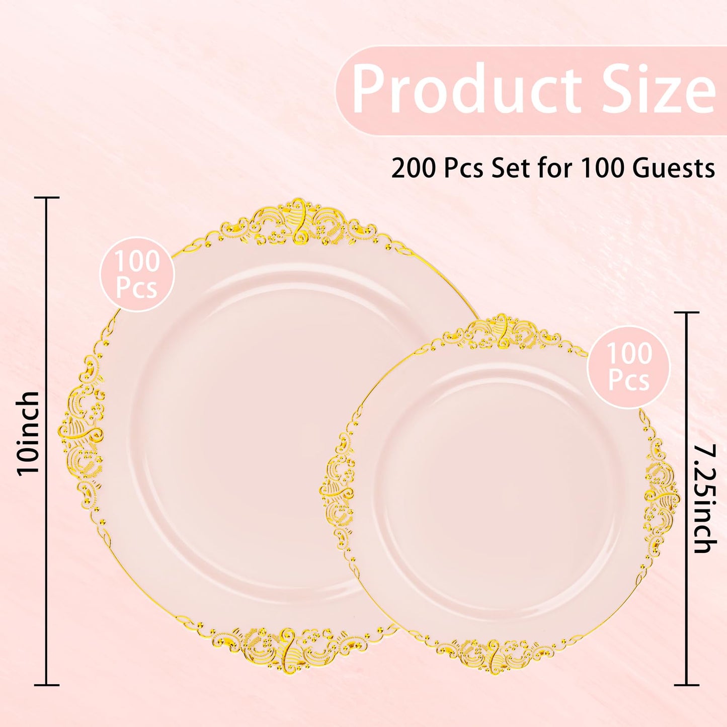Joyido 200PCS Pink and Gold Plates - Pink Plastic Plate - Fancy Disposable Plates with Gold Rim - Vintage Wedding Dinner & Dessert Plate for 100 Guests for Wedding & Bridal Shower
