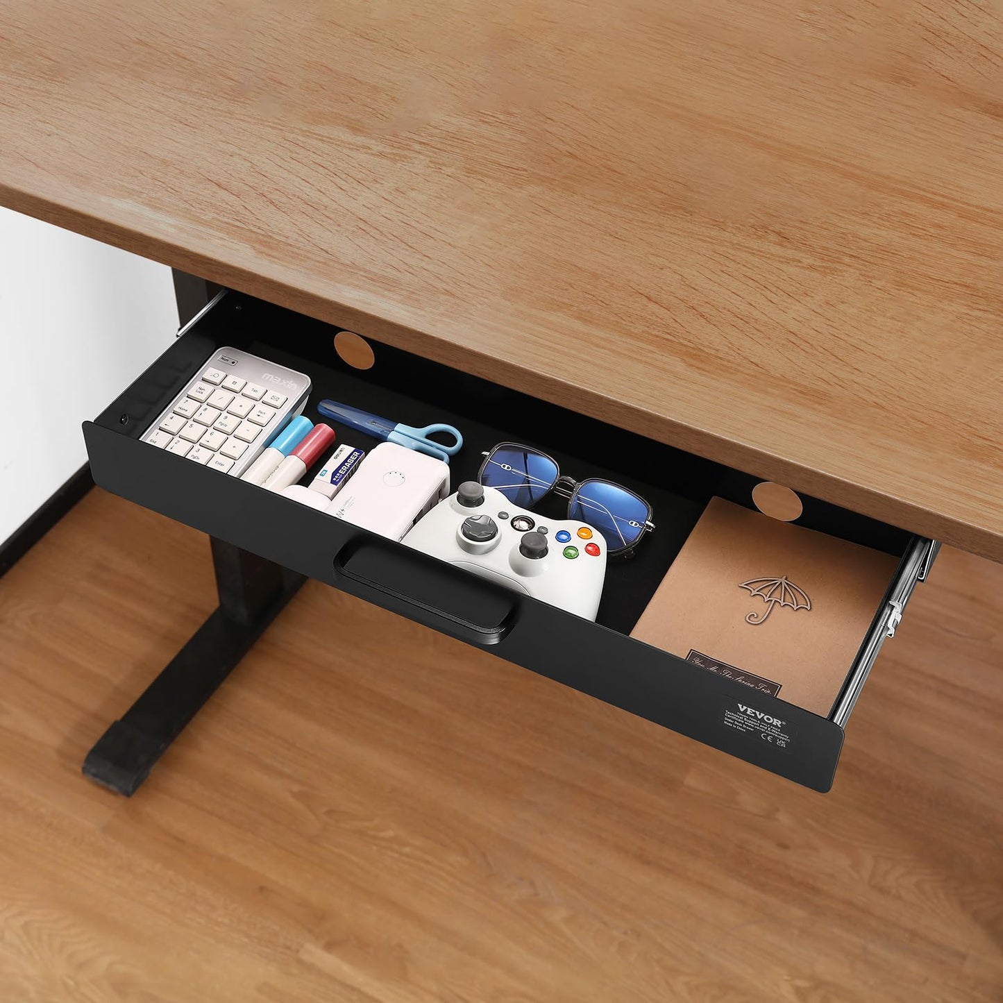 VEVOR Under Desk Drawer Slide Out, 22 inch Under Desk Mounted Pull-out Drawer Attachment, Hidden Under Counter Drawers for office Home Sit Stand Workstation, Black