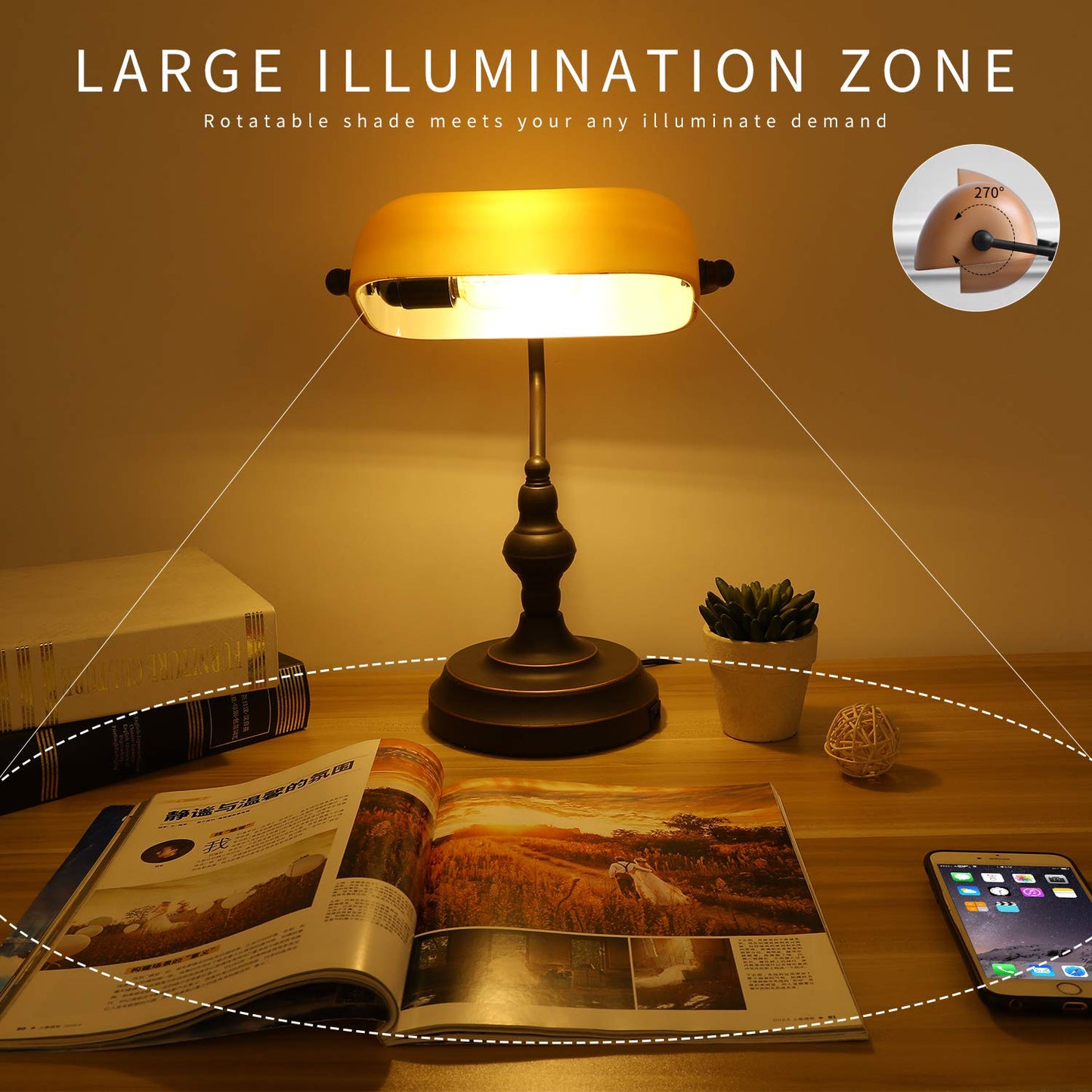 Liylan Banker Desk Lamp Touch Control, Vintage Banker's Desk Lamp with USB-A Port, 3 Way Dimmable Desk Lamps, Farmhouse Library Lamp Oil Rubbed Bronze for Office, Study Room