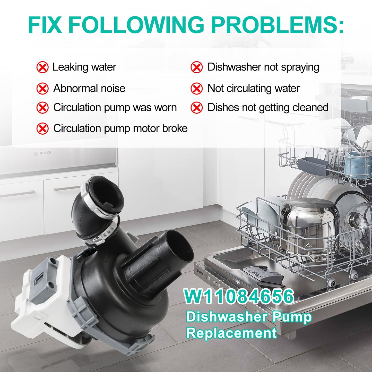 Upgraded W11084656 Circulation Pump for Whirl-pool Ken-more Kit-chen aid Ama-na Dishwasher fit WDT730PAHZ0 WDT750SAHZ0 WDTA50SAHZ0 Dishwasher Pump Motor Assembly Replacement Part W10854710, W10805387