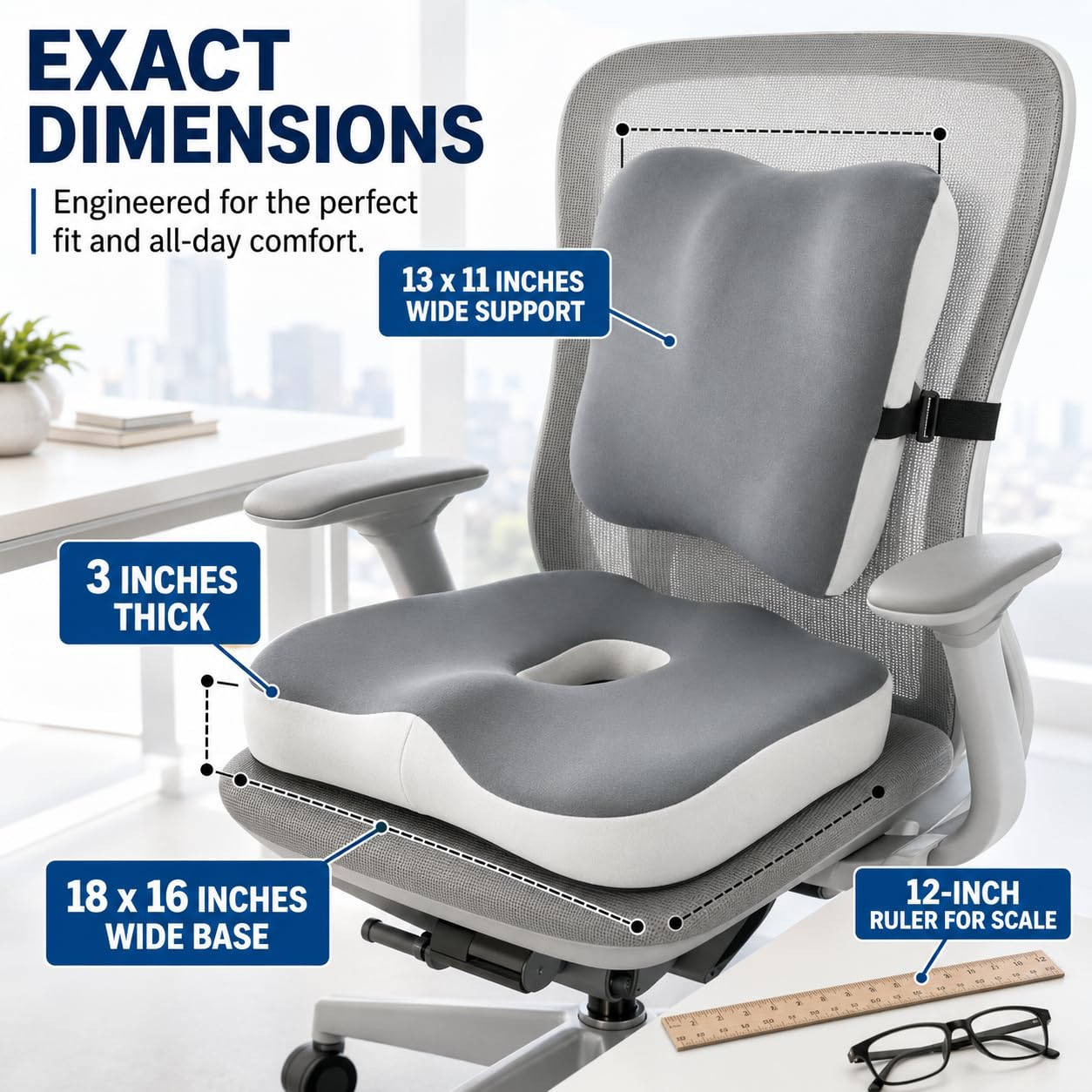 Ergonomic Seat Cushion and Lumbar Support Pillow Set, Breathable Cotton Desk Chair Pad for Sciatica, Back & Tailbone Pain Relief, Office, Car & Gaming Chair Cushion - Grey