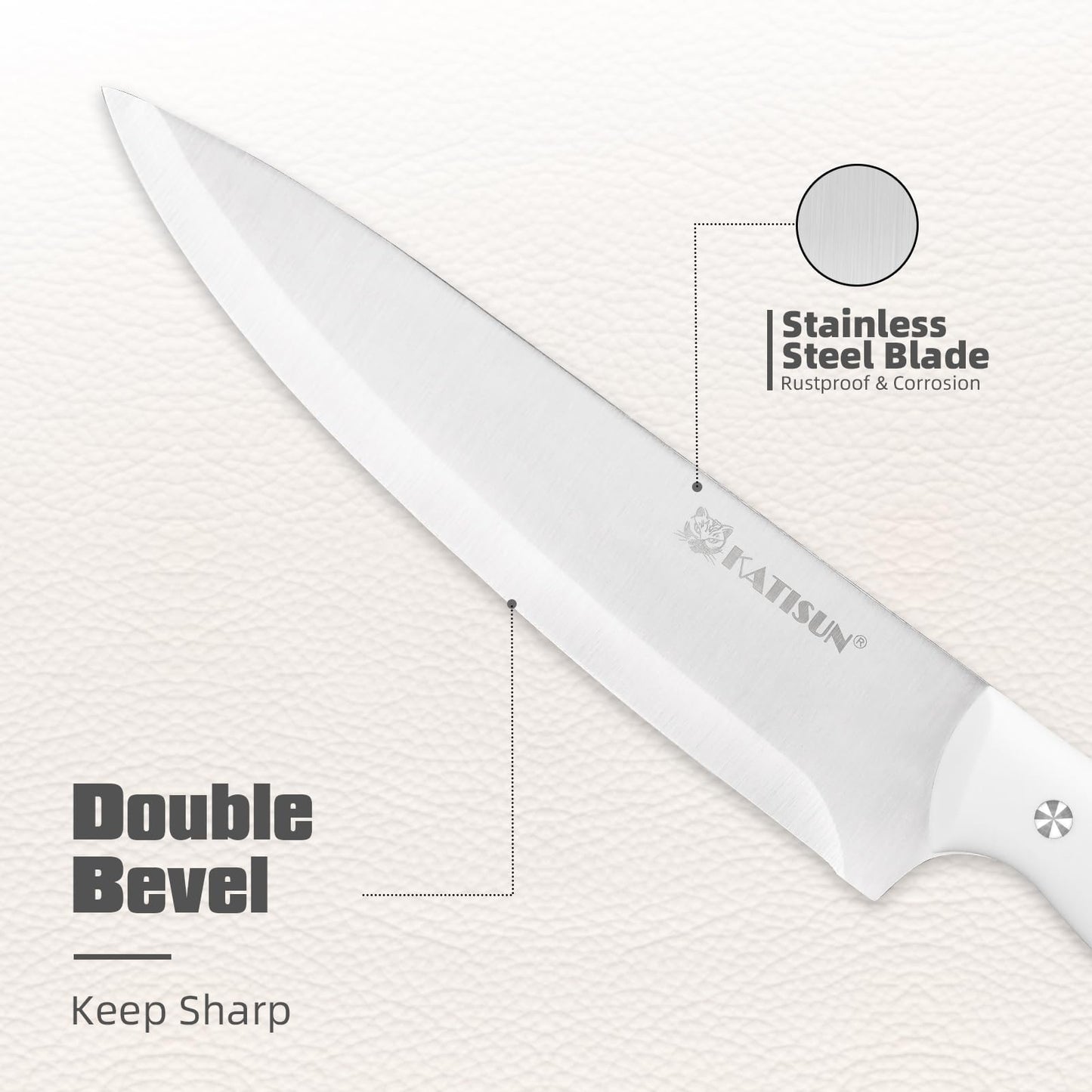 KATISUN 15-Piece White Kitchen Knife Set with Built-in Sharpening Stone, Ergonomic Triple Rivet Fixed Handles, Dishwasher Safe