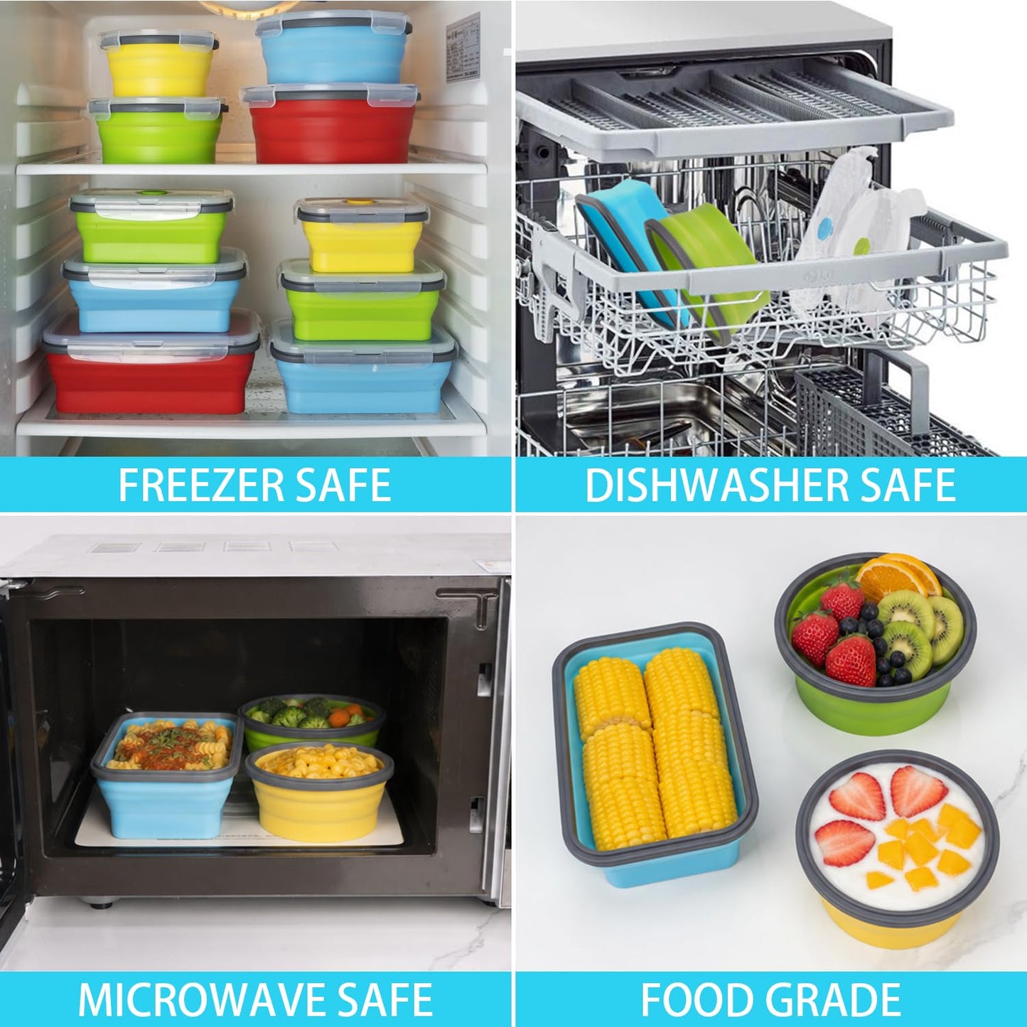 Collapsible Food Storage Containers with Lid & Air Vent, 16 Pack, 8 Rectangular + 8 Round, Annaklin Foldable Silicone Lunch Containers Collapsible Bowls Set, Microwave Freezer Dishwasher Safe, 4-Color