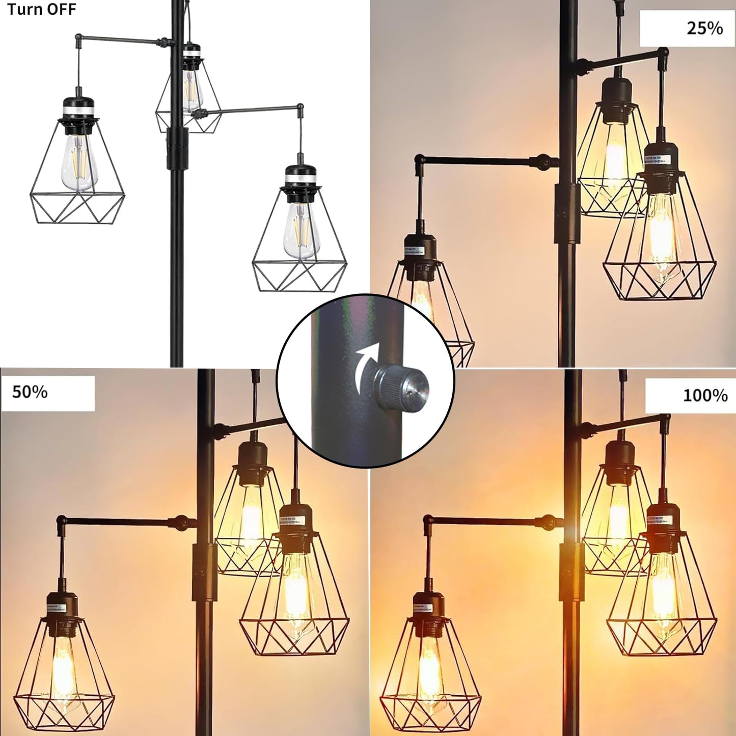 NUNET Boho Industrial Farmhouse Floor Lamp with Stepless Dimming & 3 Adjustable Cage Shades - Vintage Rustic Tall Standing Light for Living Room/Office, Includes Edison Bulbs, Weighted Base