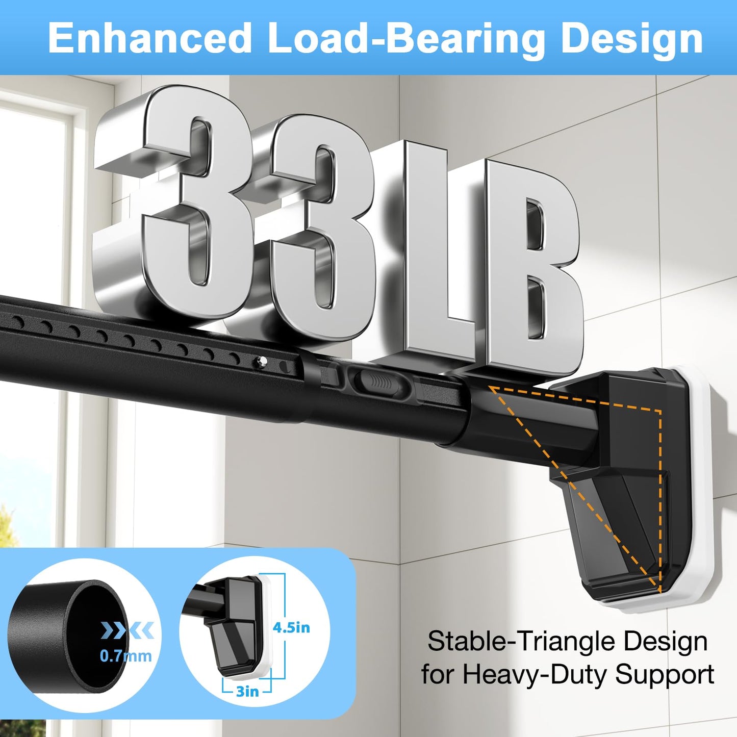 41 to 185 Inch Tension Curtain Rod No Drill Black Shower Curtain Rod Extra Long Heavy Duty Tension Rod for Windows, Patio, Bathroom - Renter Friendly Adjustable Curtain Rods