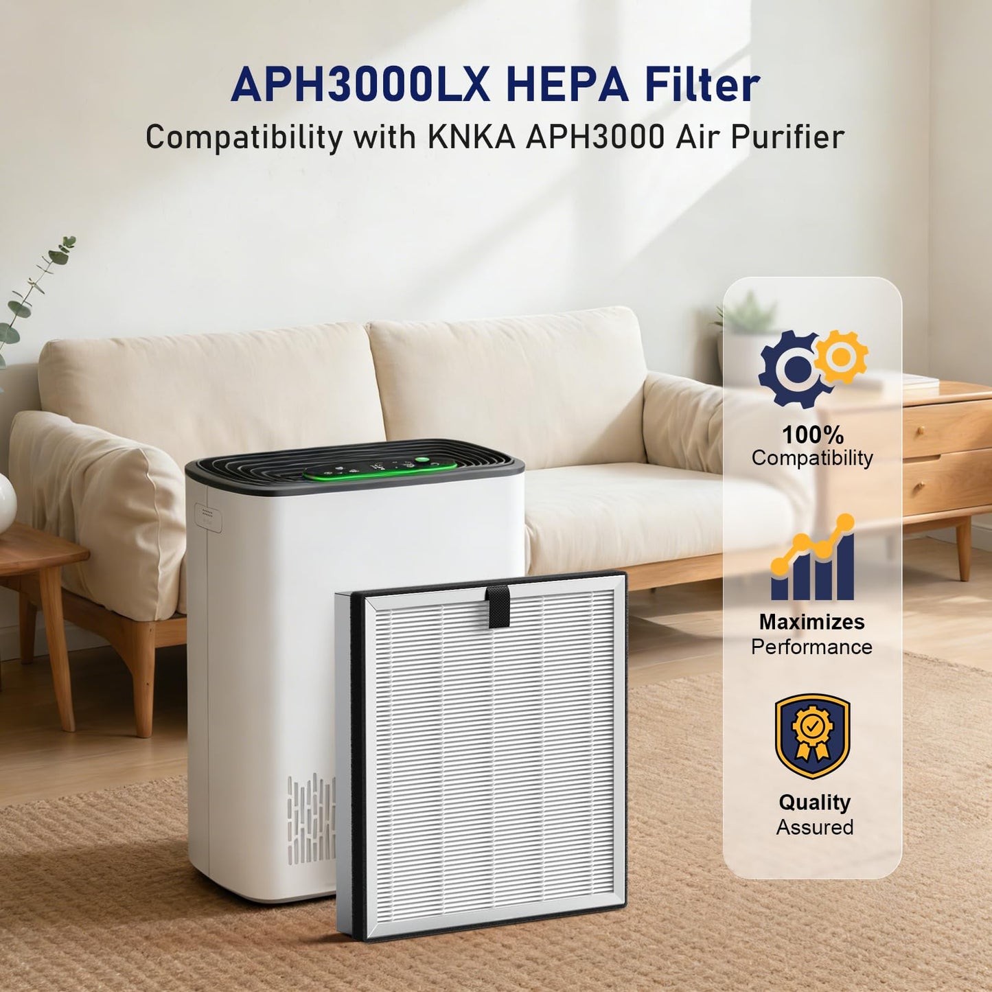 4 Pack APH3000 Replacement Filter Compatible with KNKA APH3000 Air Purifier, 3-in-1 HEPA Filter with CarbonTech Filters 99.97% of Pollen, Dust, Pet Dander, Smoke, Odors
