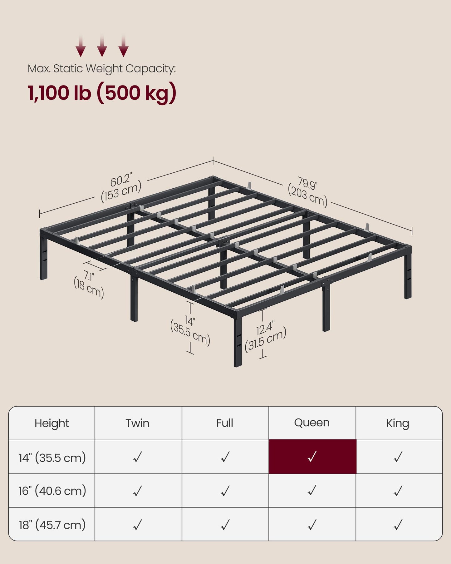 VASAGLE Queen Metal Bed Frame 14 Inches Tall, 1100 lb Weight Capacity, No Box Spring Needed, with Under-Bed Storage, Easy Setup, Heavy-Duty Platform Bed, Mattress Retainers, Matte Black URMB651BD02S