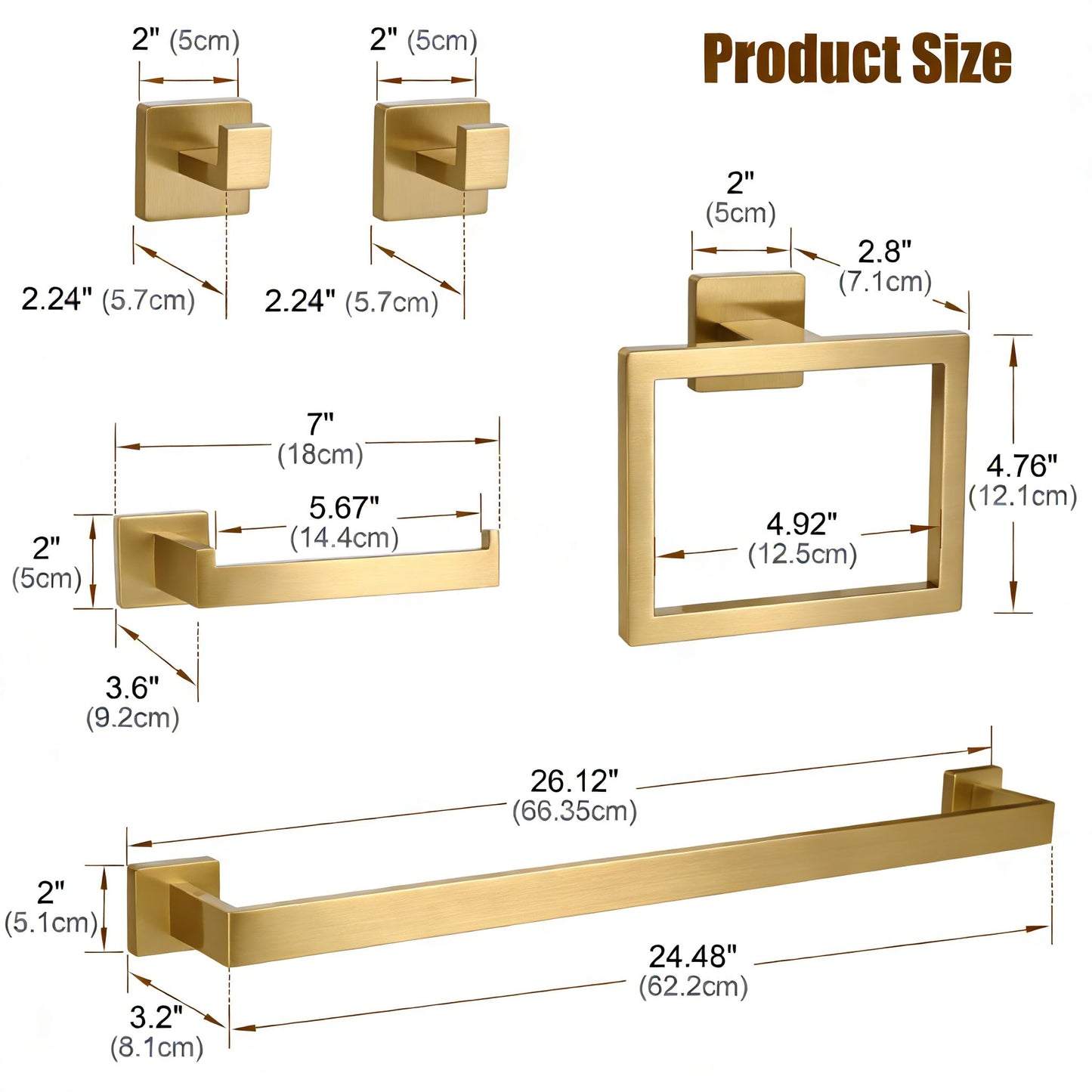 KOSEOO 5-Pieces Brushed Gold Bathroom Hardware Set, SUS 304 Stainless Steel 24.48 Inch Square Towel Bar Set with Towel Ring Robe Towel Hooks and Paper Towel Holder for Bathroom Wall Mounted