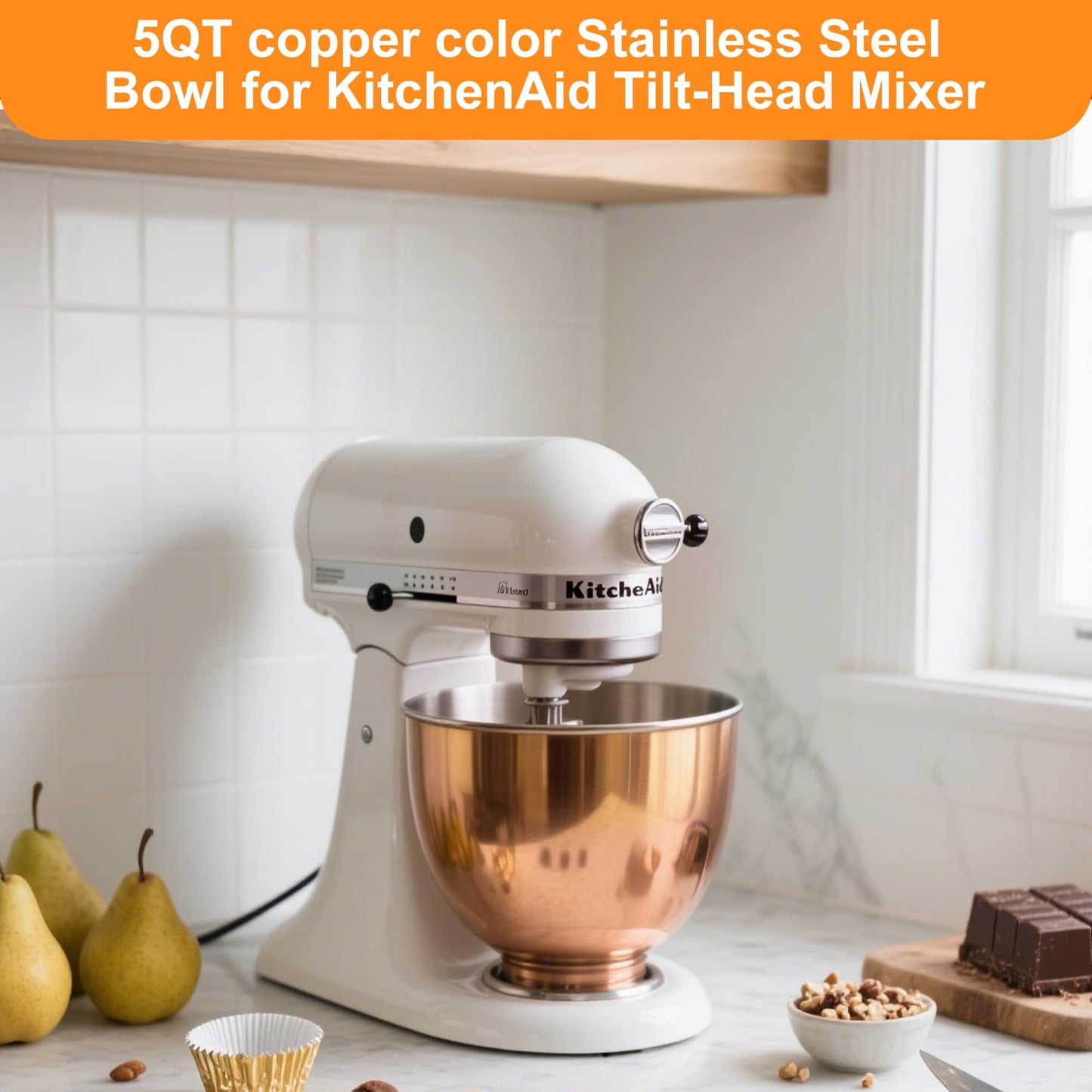 Copper Color Stainless Steel Mixer Bowl, Compatible with KitchenAid Series 4.5-5 QT Tilt-Head Mixers, Suitable for K45SS, KSM75, KSM90, KSM100, KSM150, Dishwasher Safe, Heavy Duty, No Residue