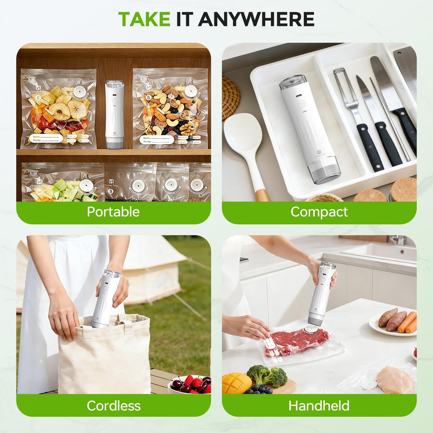 ShinePick Vacuum Sealer for Food, Powerful Handheld Food Saver Machine Compact Vacuum Sealer Machine with Visible Water Tank, 15 Reusable Sealer Bags & 10 Mason Lids, for Kitchen, Travel & Outdoor