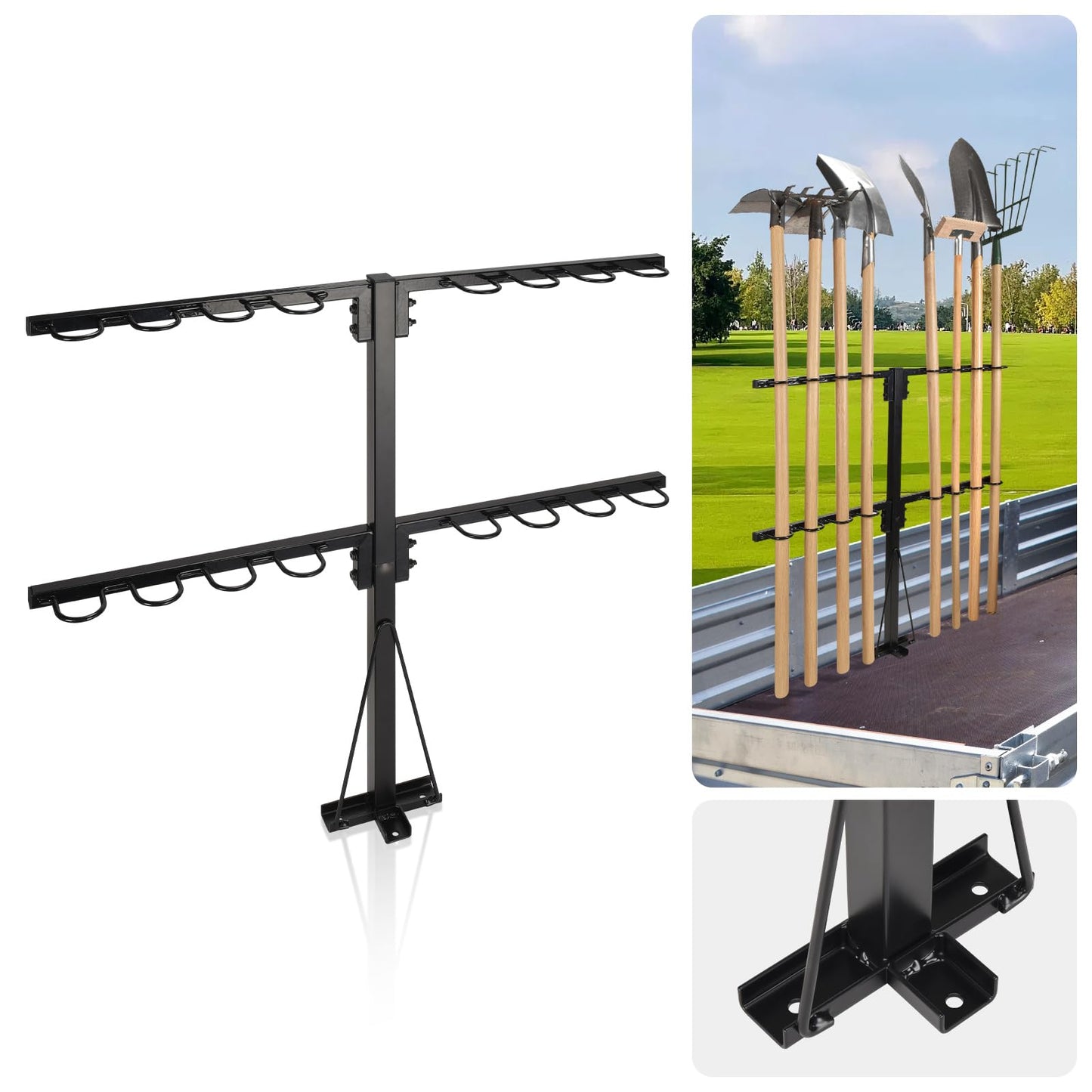 AugFir Upgraded Utility Trailer Accessories Trailer Tool Rack with 8 Tool Holes, Heavy-Duty Landscape Accessories Reinforced Base Shovel Holder Handle Tool Rack for Truck