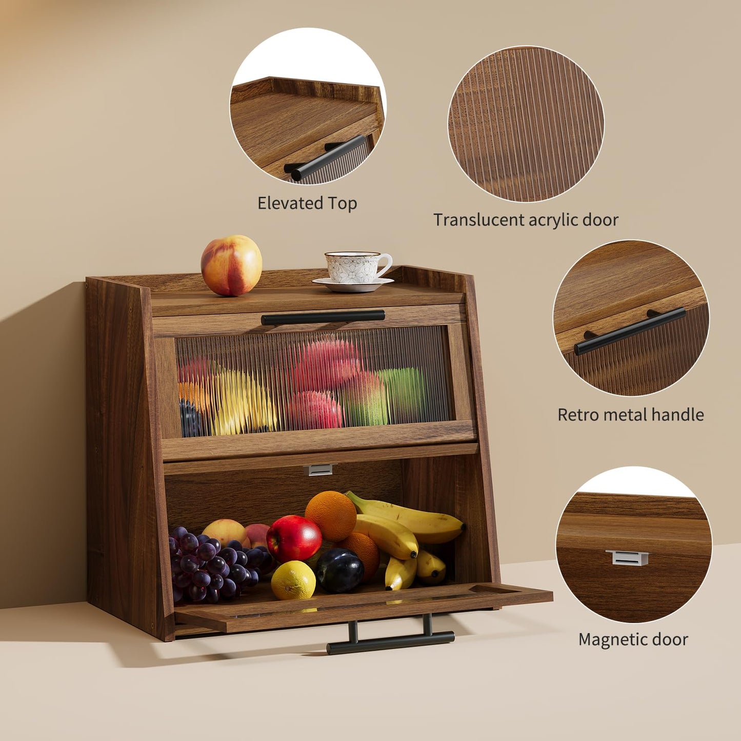 Furshus Bread Box for Kitchen Counter, Wooden Double Layer Bread Storage Container Bin,Bread Holde,Countertop Bread Storage with Window