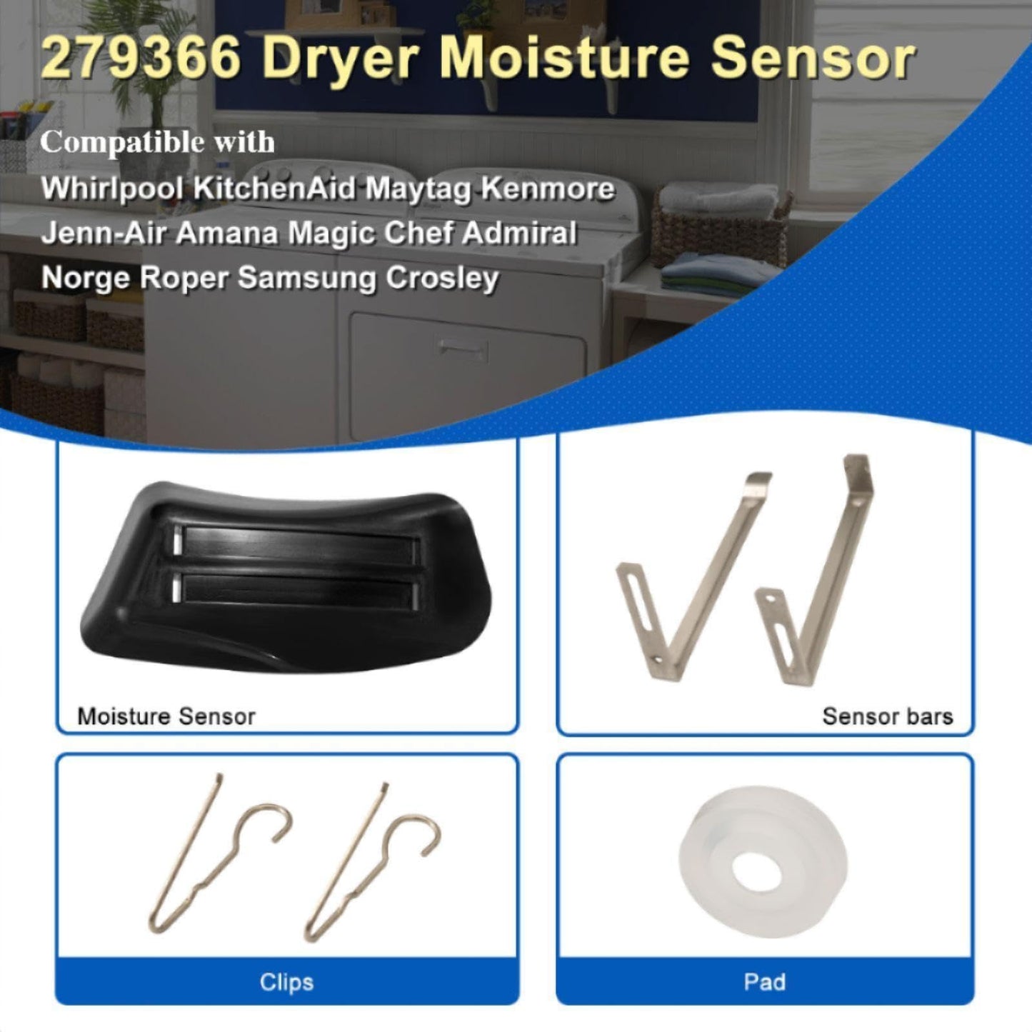 279366 Dryer Moisture Sensor Compatible with Whirlpool Kenmore Dryer 8LDR3822DZ0 10686294140 7MMEDC300DW, Dryer Humidity Sensor Replace 348861 469522 AP3094143 AH334186 EA334186 PS334186