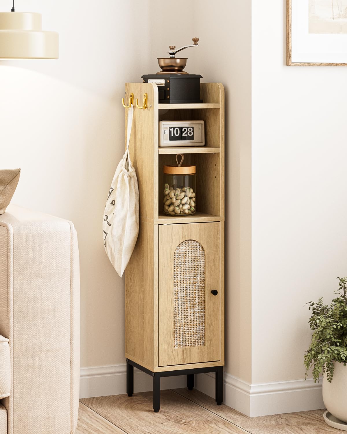 AEPOALUA Bathroom Storage Cabinet, Small Corner Floor Hutch with 2Hooks,Narrow Toilet Paper Cabinet with Rattan Door,Bathroom Organizer with Adjustable Shelf, for Small Spaces,Oak