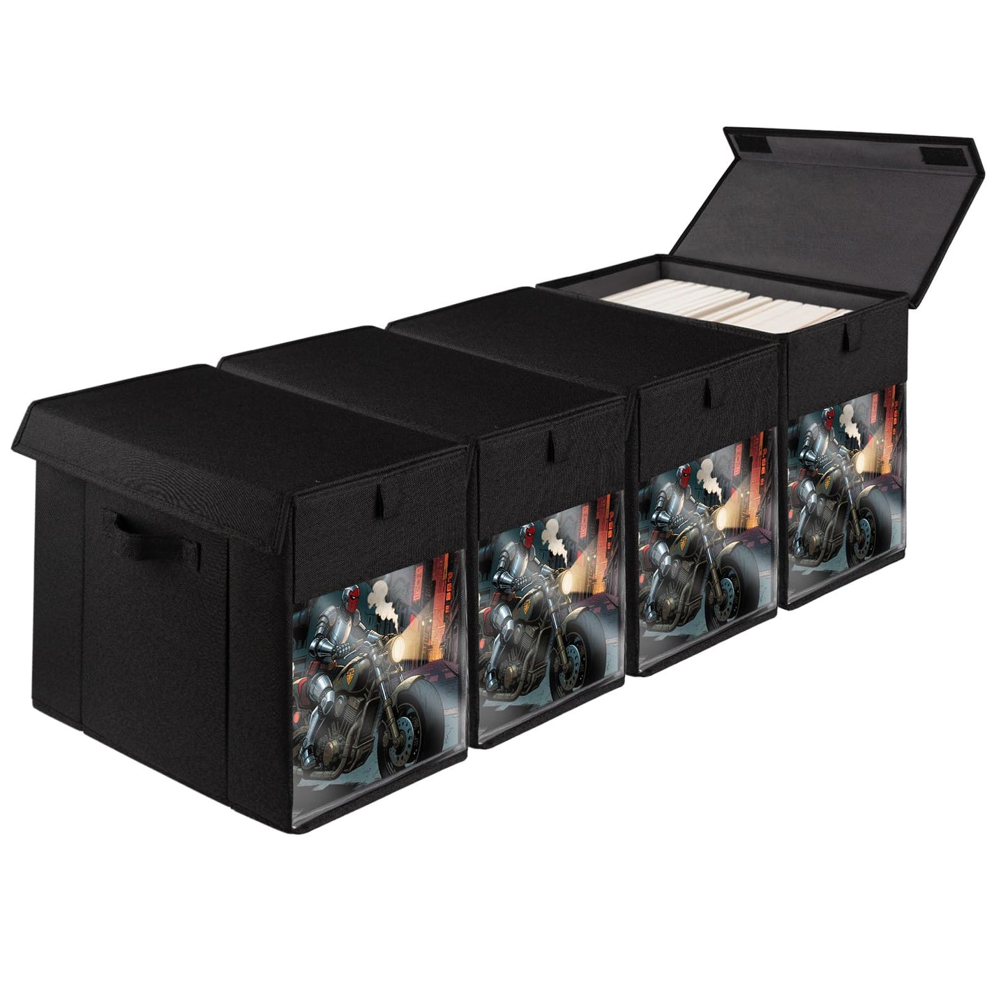 ComfortKeeper 4 Pack Comic Book Storage Box with Lid for Modern Age, Collapsible Magazine Organizer with Clear Window, Heavy Duty Case Container Holder, Black