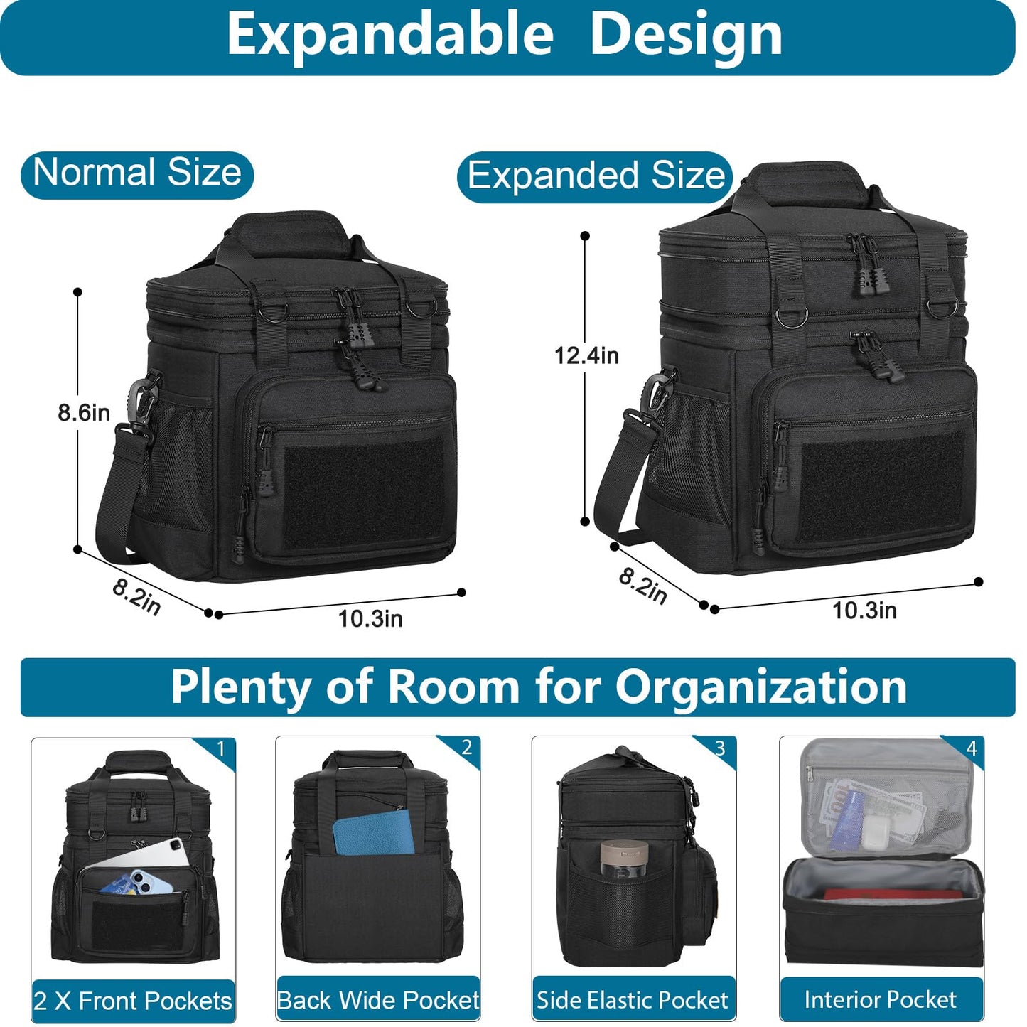 Tactical Lunch Box Cooler Bag - Expandable Insulated Lunch Bag for Men Women - Large Lunchbox for Adults Work Shifts Outdoor Trips Black 16L