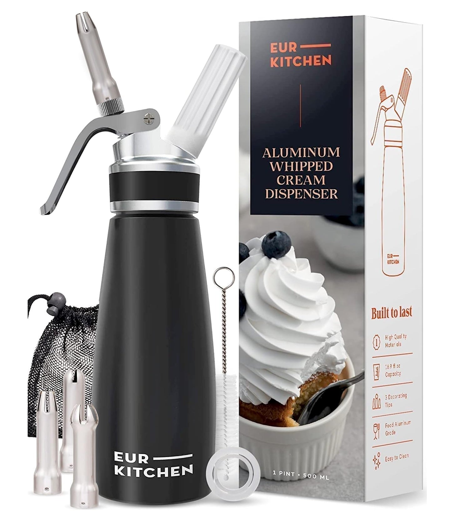 EurKitchen Professional Aluminum Whipped Cream Dispenser - Leak-Free Whip Cream Maker Canister with 3 Decorating Nozzles & Cleaning Brush - 1-Pint / 500 mL - N2O Chargers (Not Included)